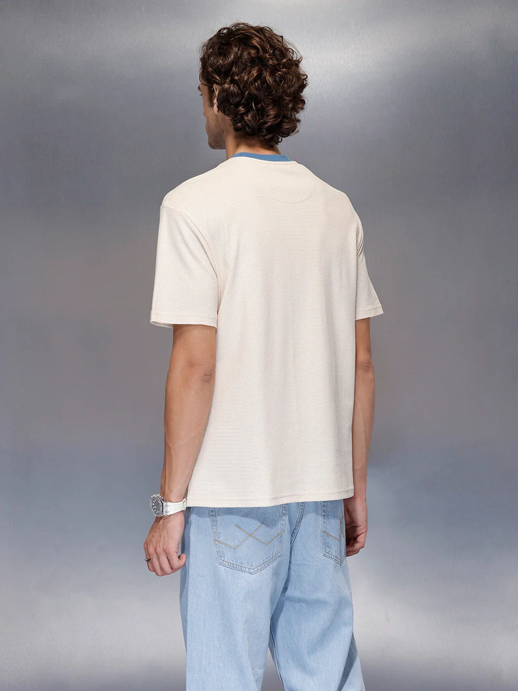 Men’s solid beige casual T-shirt with contrast crew neck | Beige