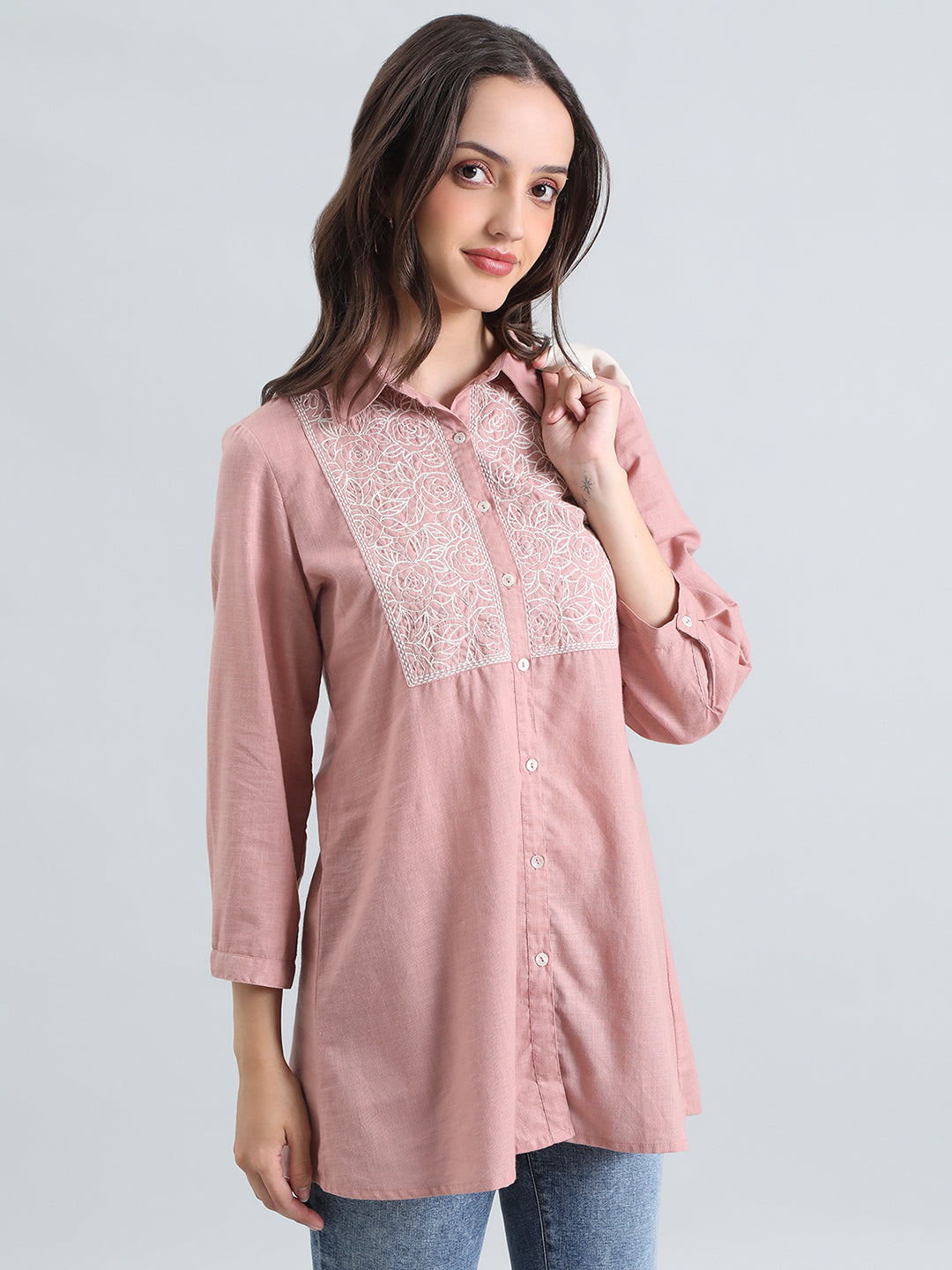 Cotton Thread Embroidered Classic Collar Blouse