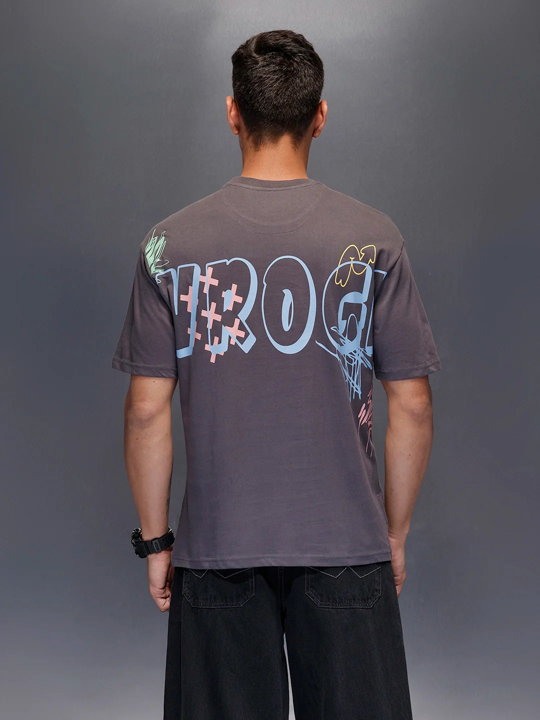 Men's oversized graphic T-shirt with bold back print | Charcoal