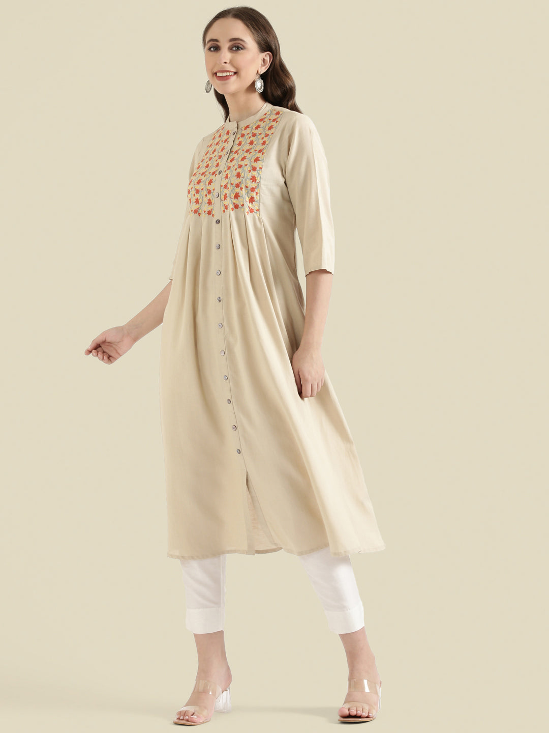 Floral Vine Embroidered Yoke A-Line Long Kurta