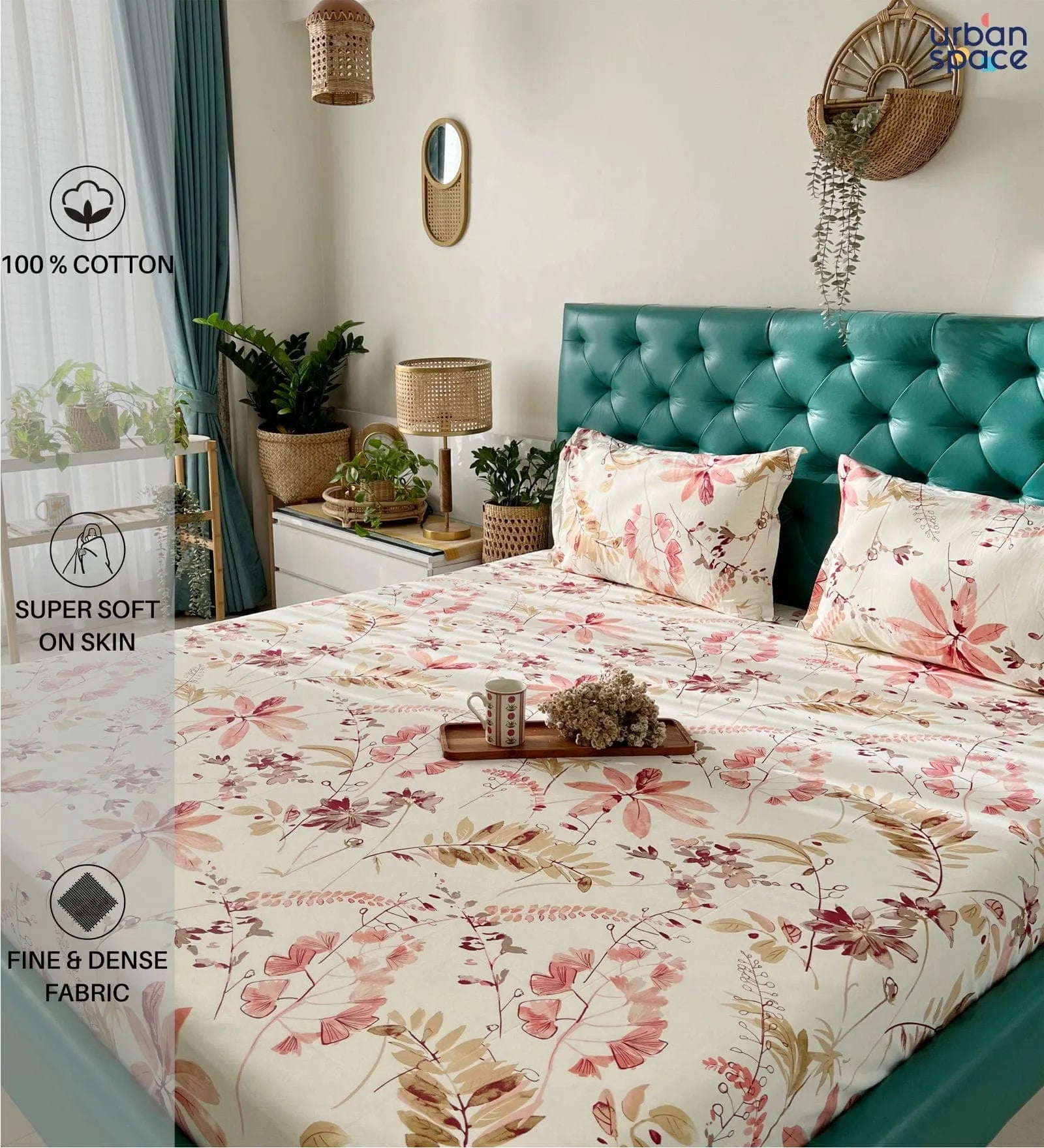 200 TC 100% Cotton Bedsheet Set in Gift Box - Floral Feast Peach