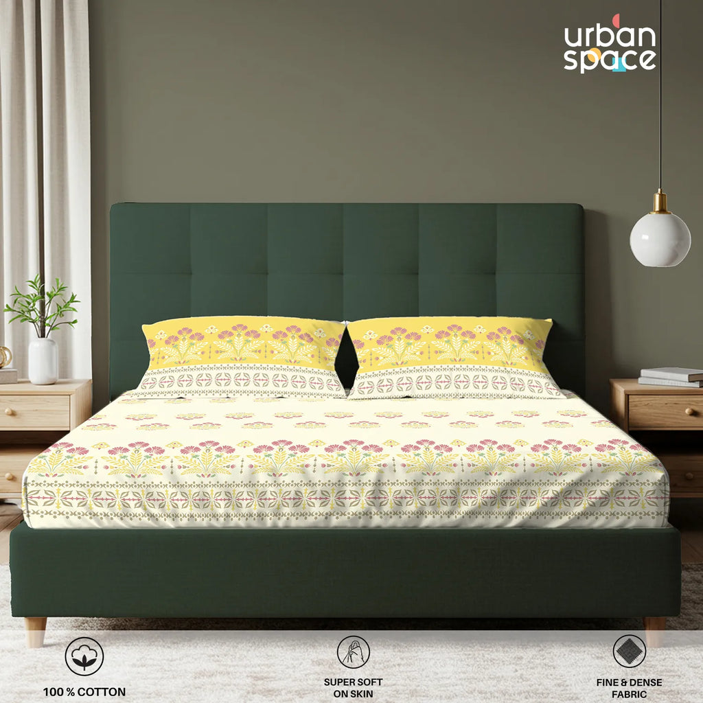 Serene 200 TC 100% Cotton Bedsheet with Pillow Covers - Malhaar Mustard Yellow