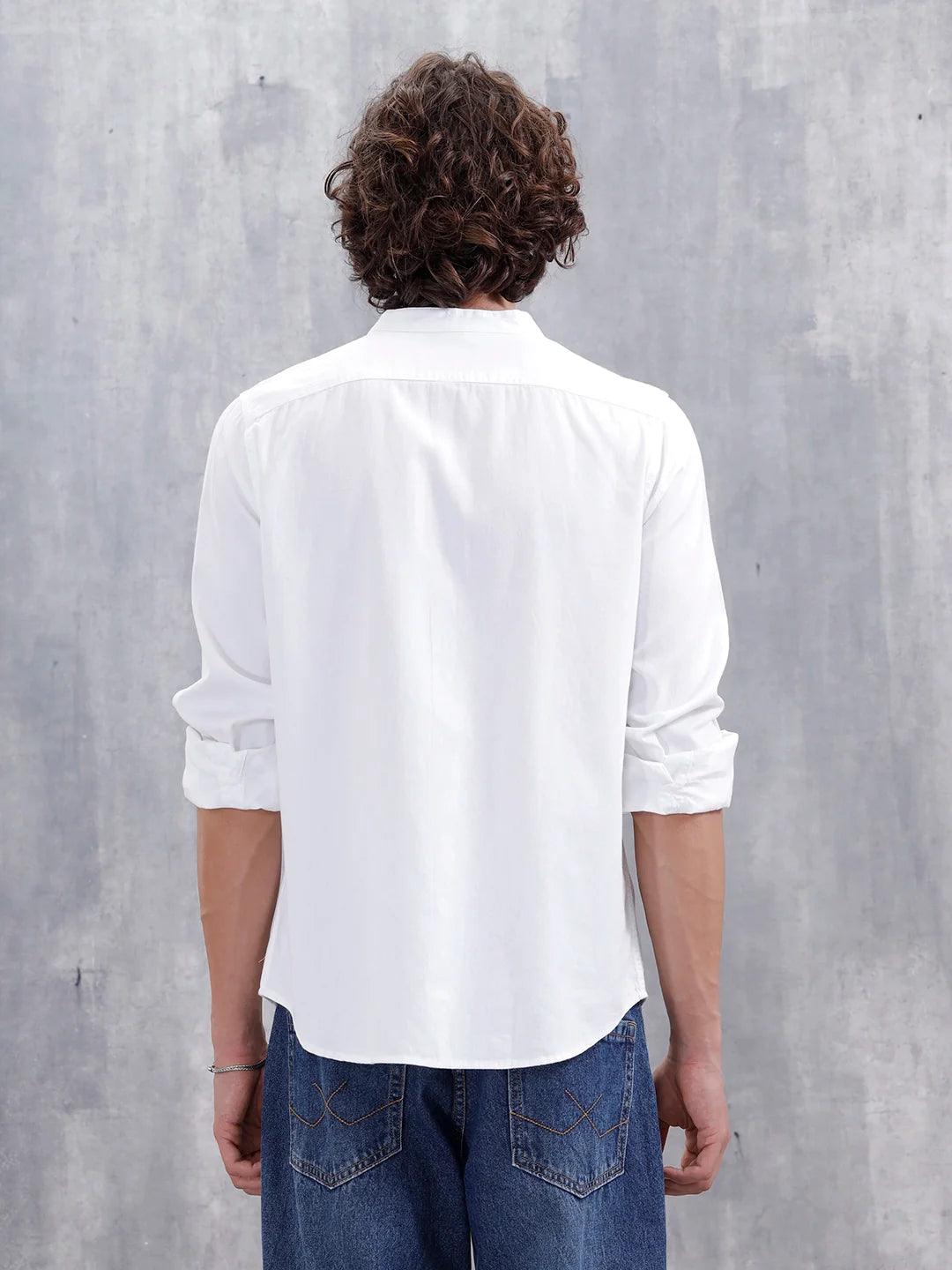 100% Cotton Solid Mandarin Collar Shirt | Off White
