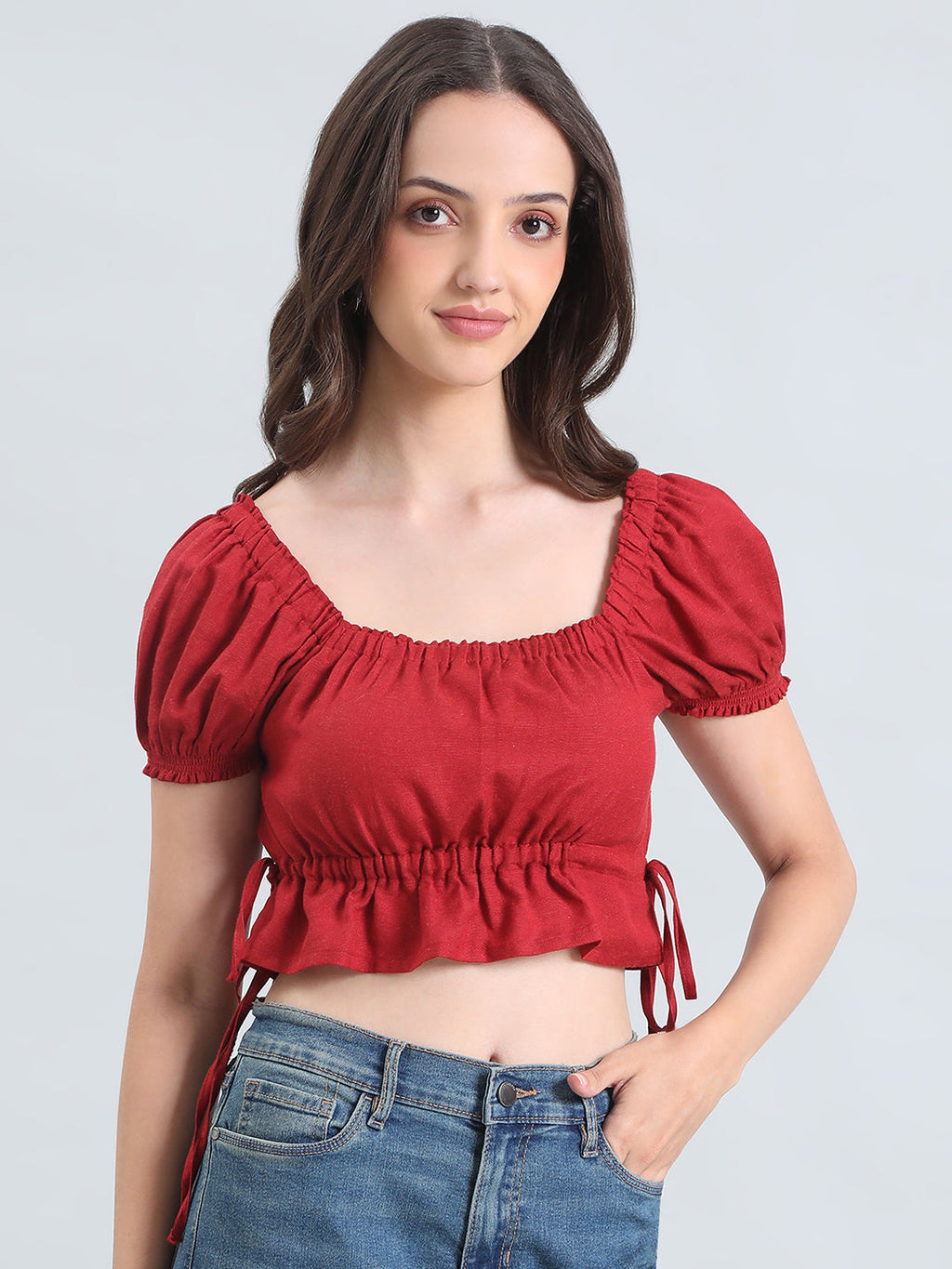 Linen Blend Square Neck Cropped Gathered Blouse