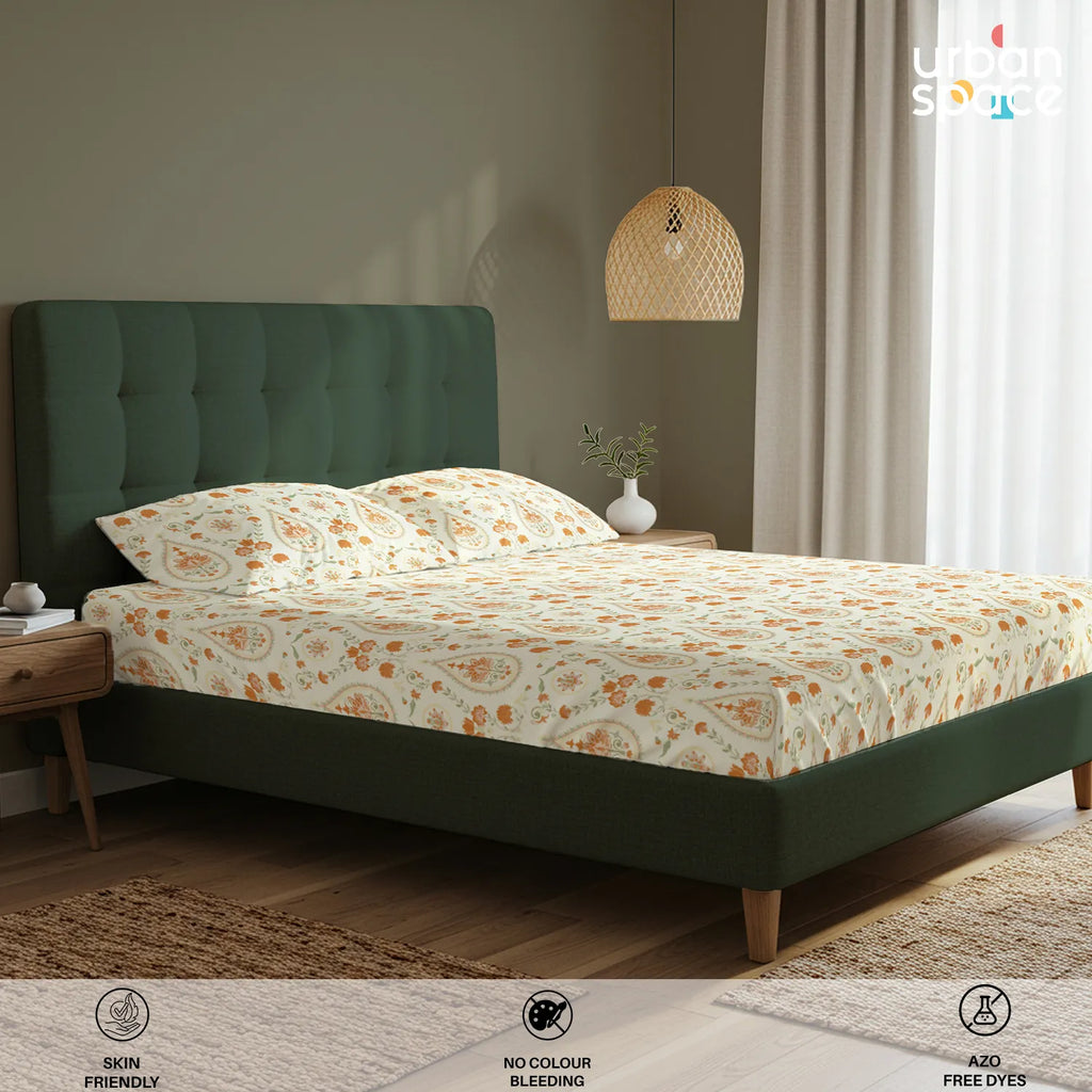 Serene 200 TC 100% Cotton Bedsheet with Pillow Covers - Persian Courtyard Buttercream