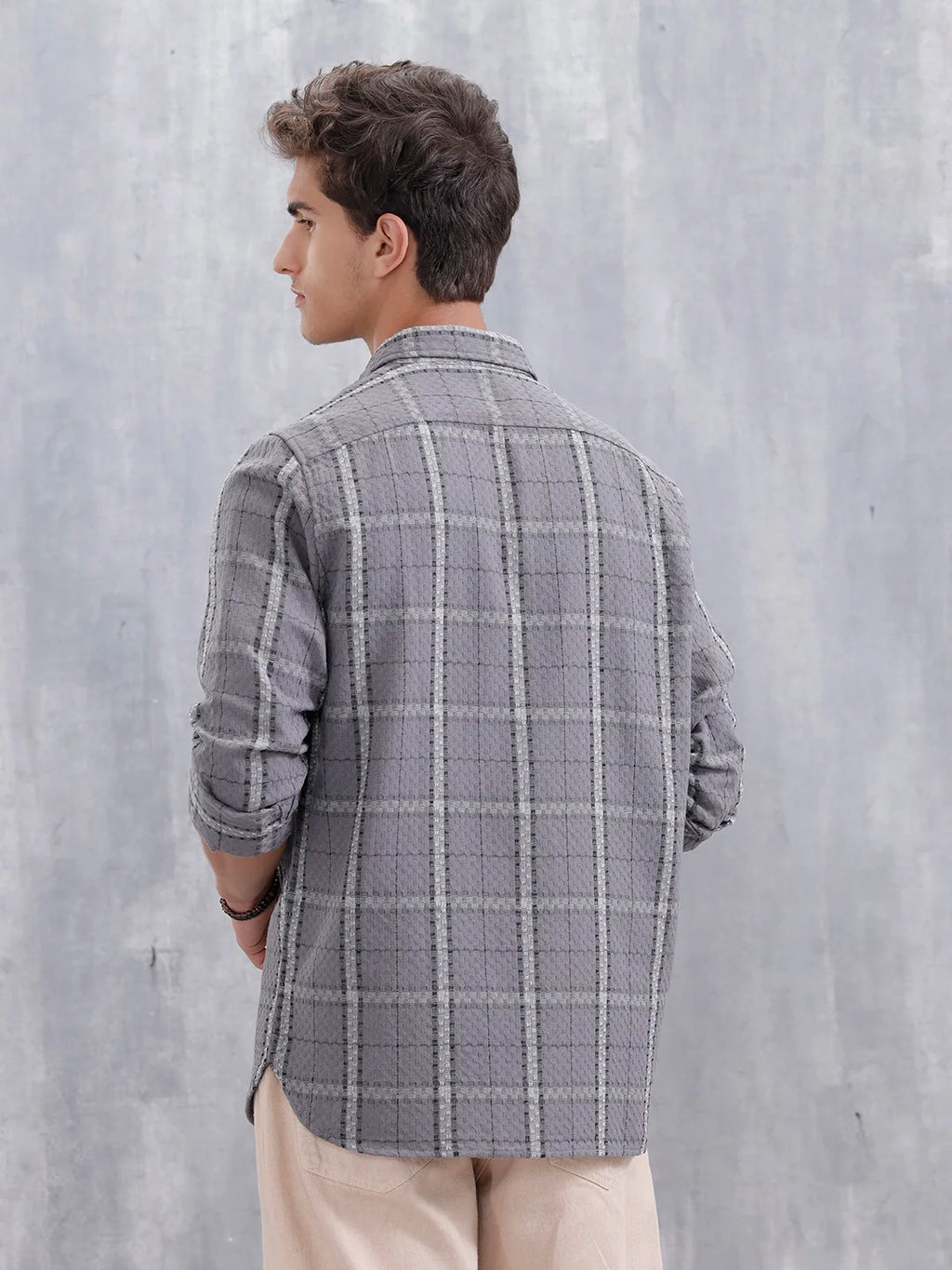 Textured Checkered Pattern Regualr Fit Shirt | Grey