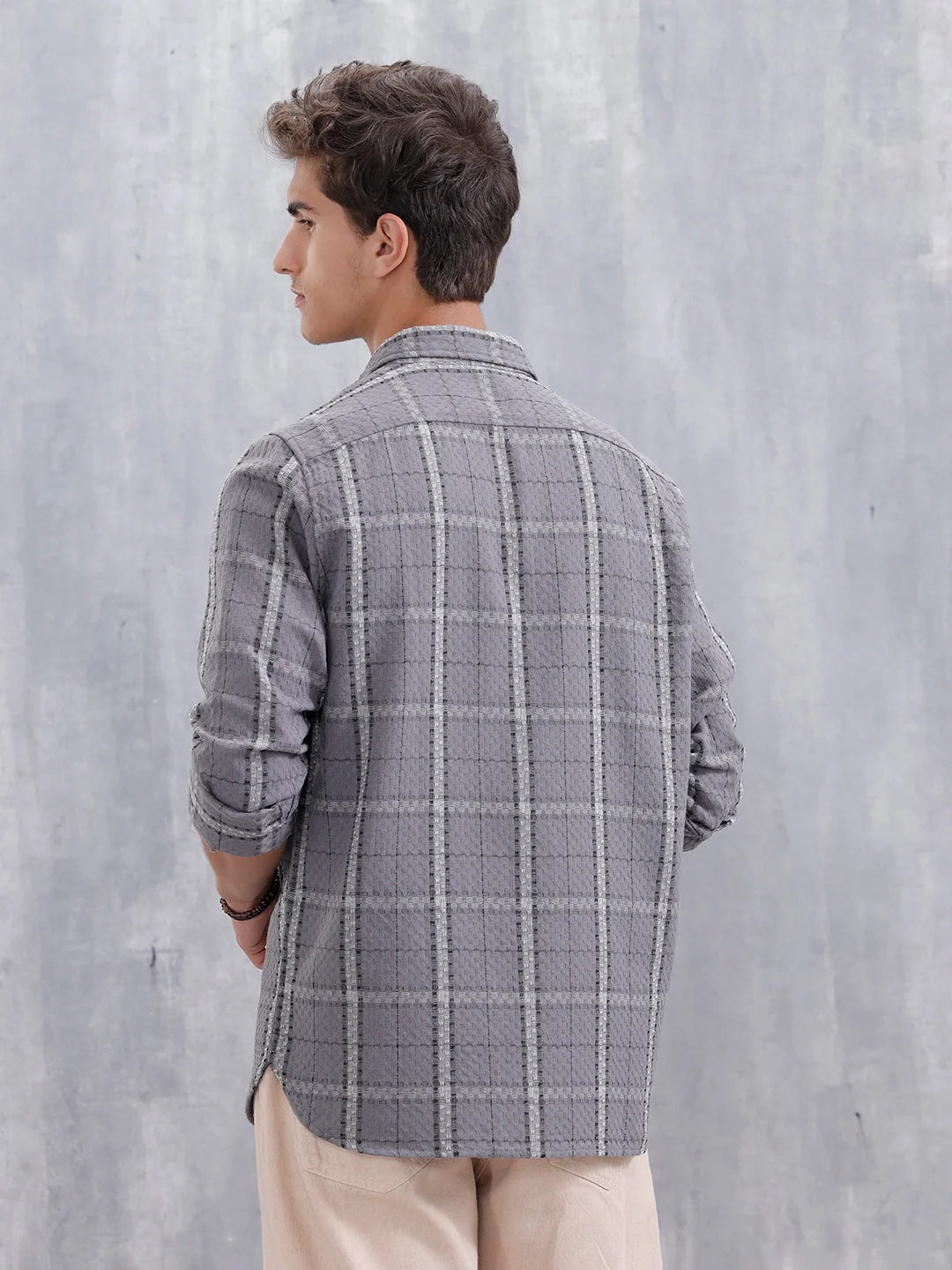 Textured Checkered Pattern Regualr Fit Shirt | Grey