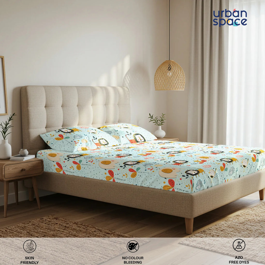 Serene 200 TC 100% Cotton Bedsheet with Pillow Covers - Lion King Sky Blue