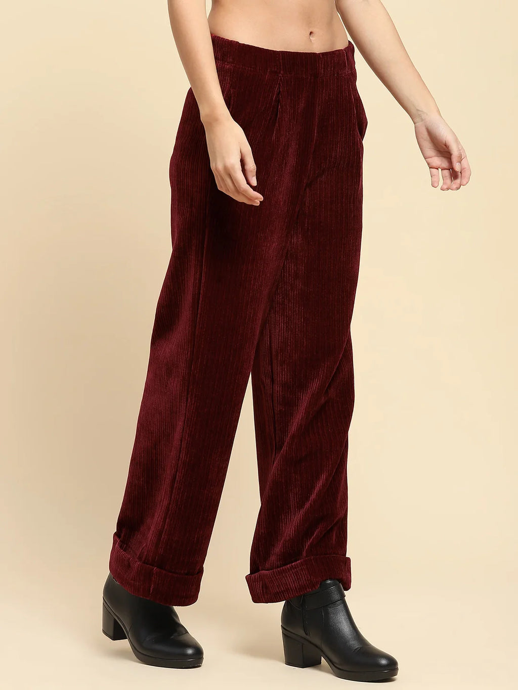 Wine Solid Loose Fit Lower
