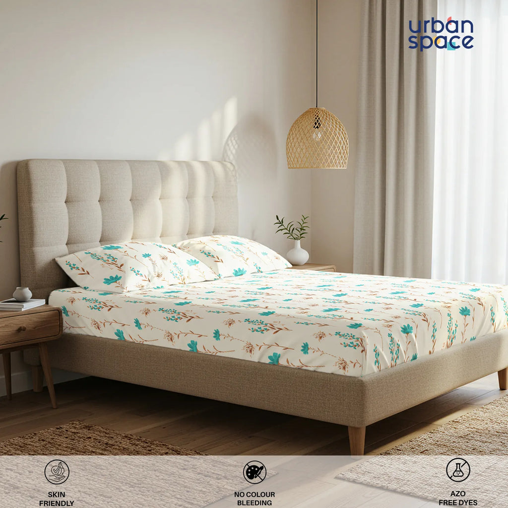 Serene 200 TC 100% Cotton Bedsheet with Pillow Covers - Orchid Blooms - Turquoise