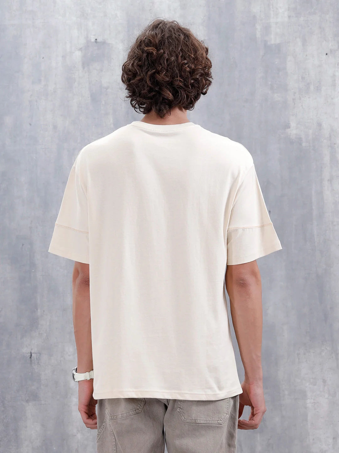 Casual Men Oversized Fit Tee With Flat Lock Detail | Beige