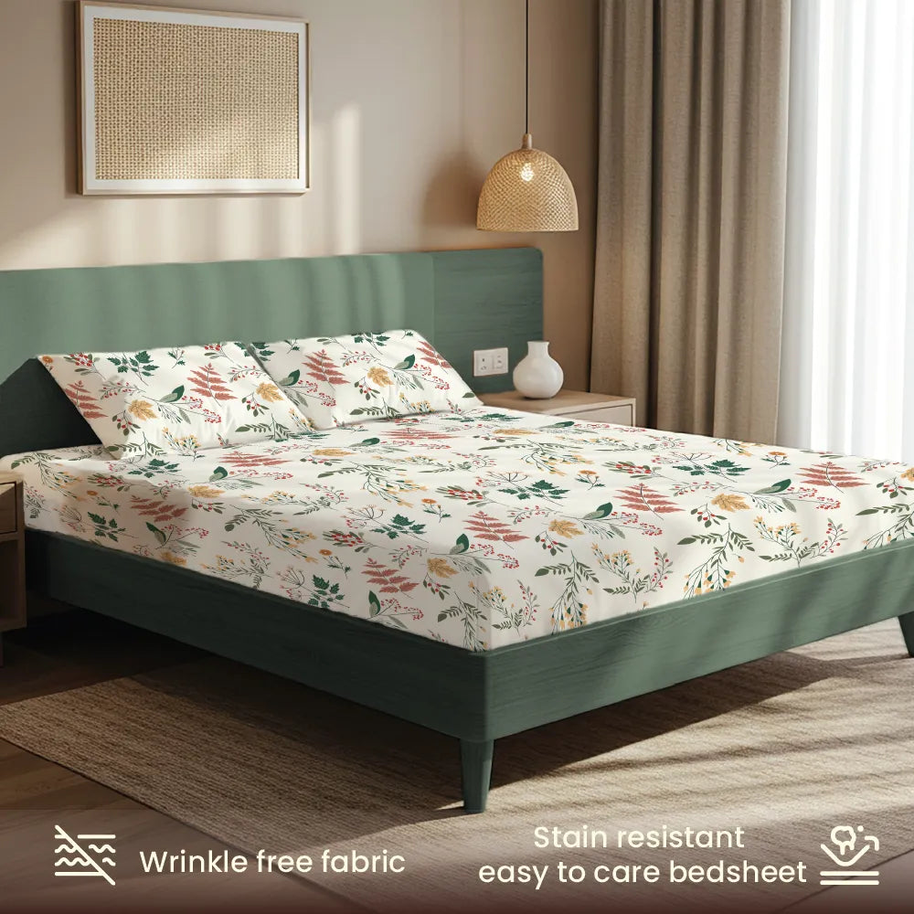 200 TC Glaced Cotton Microfiber Bedsheet with Pillow Covers - Fall Season