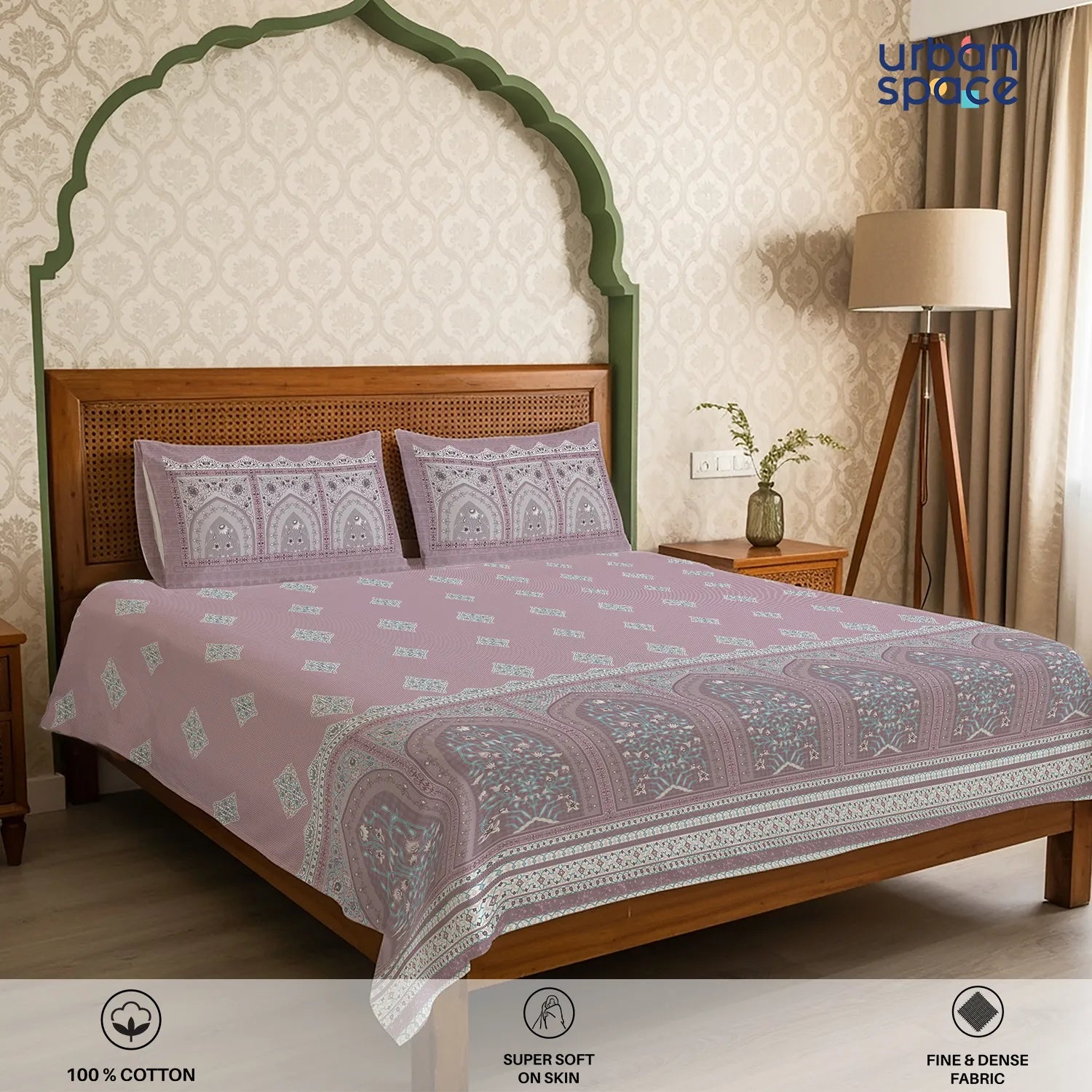 Serene 300 TC 100% Cotton Bedsheet with Pillow Covers, Panel Design - Jharokha Mauve