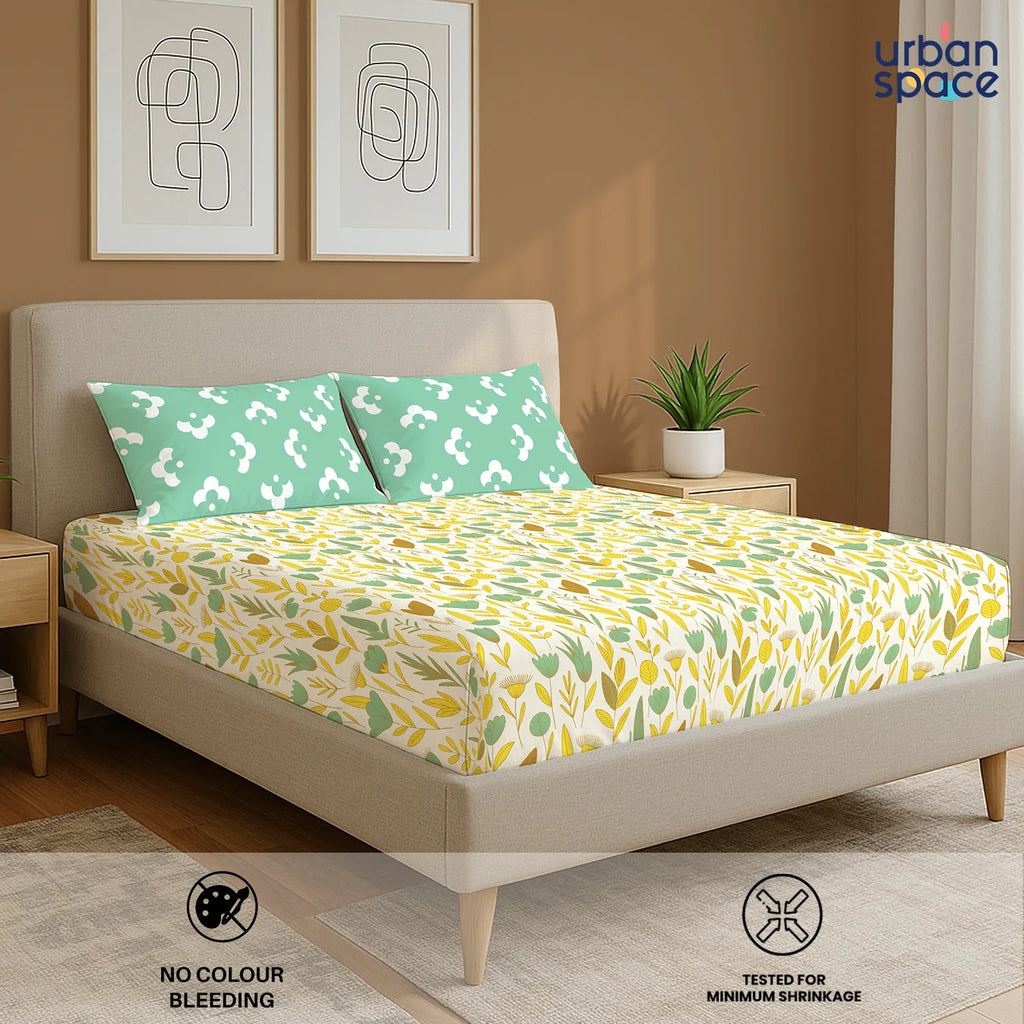 Divine Collection - Cotton Bedsheet With 2 Pillow Covers, Mist Mint Green