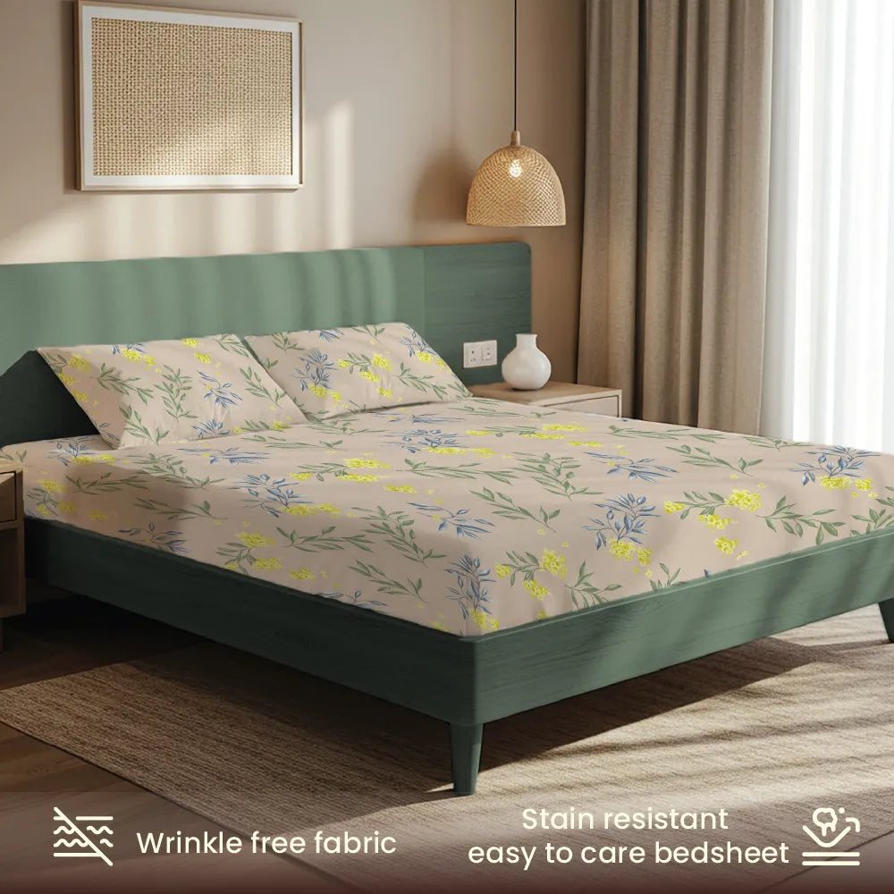 200 TC Glaced Cotton Microfiber Bedsheet with Pillow Covers - Camellia