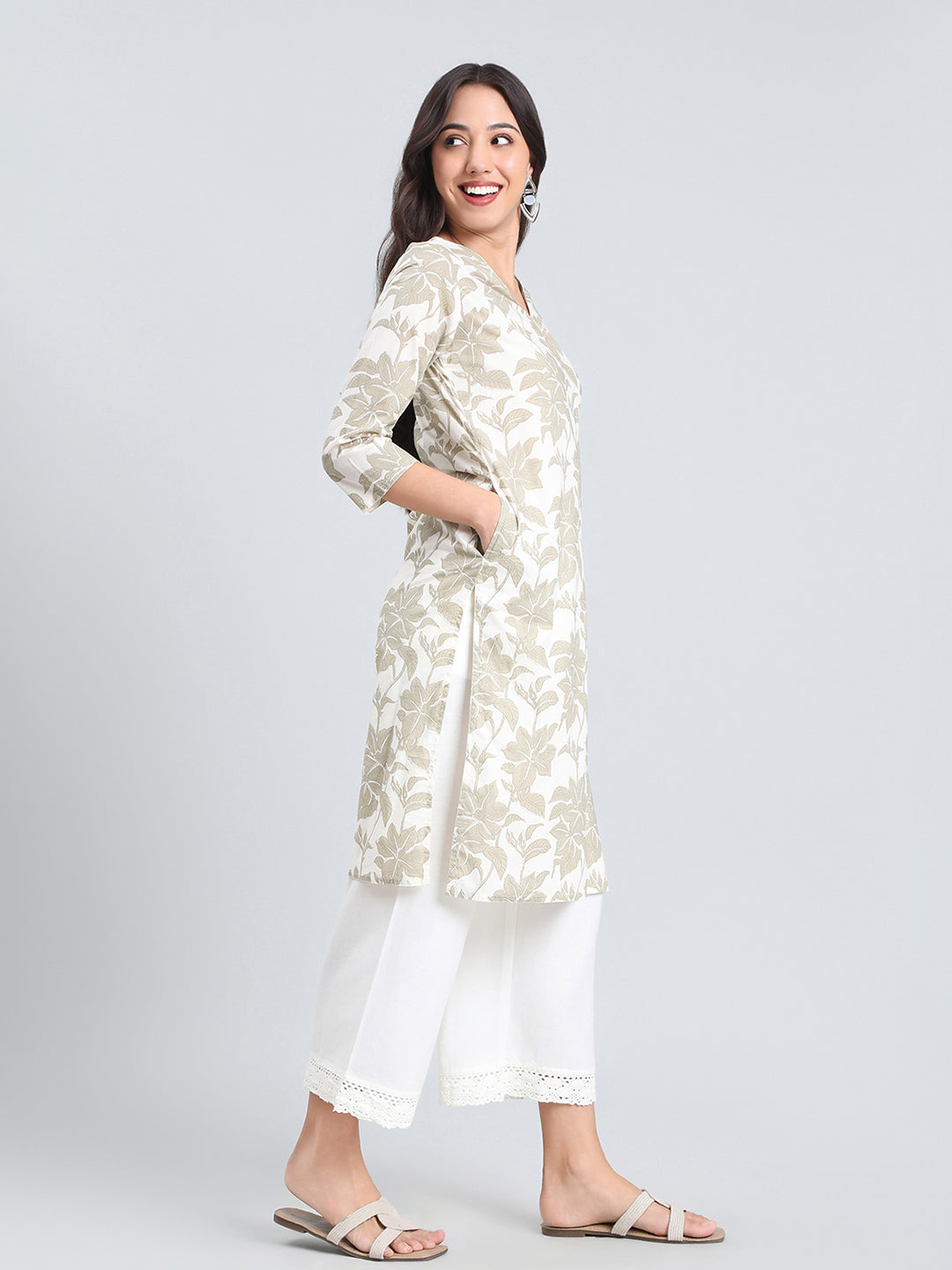 Cotton Floral Block Print Straight Kurta