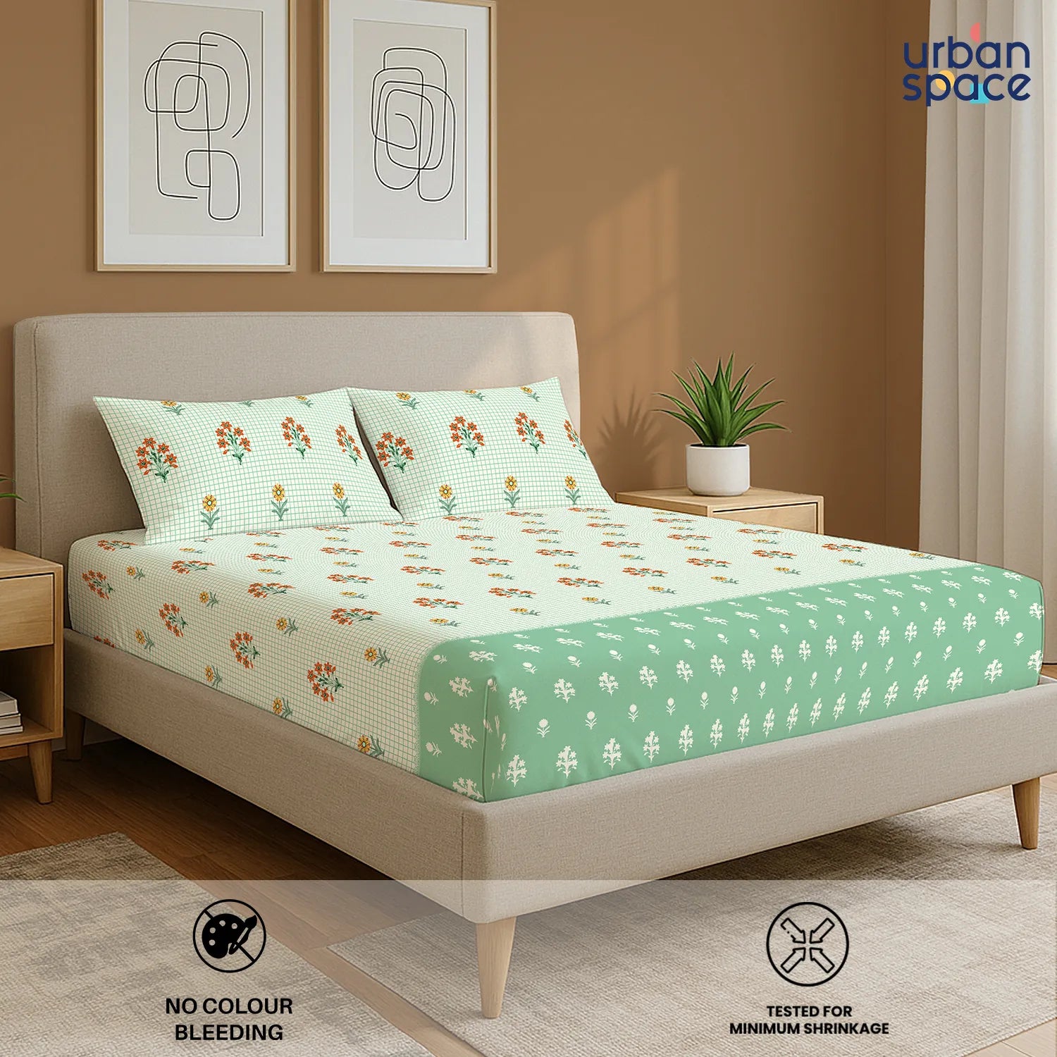 Divine Collection - Cotton Bedsheet With 2 Pillow Covers, Magnolia Sage Green