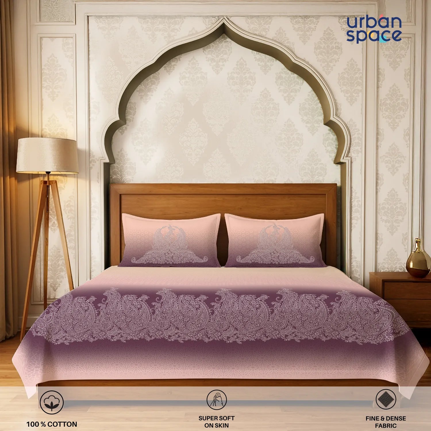 Serene 300 TC 100% Cotton Bedsheet with Pillow Covers, Panel Design - Ruhani Mauve