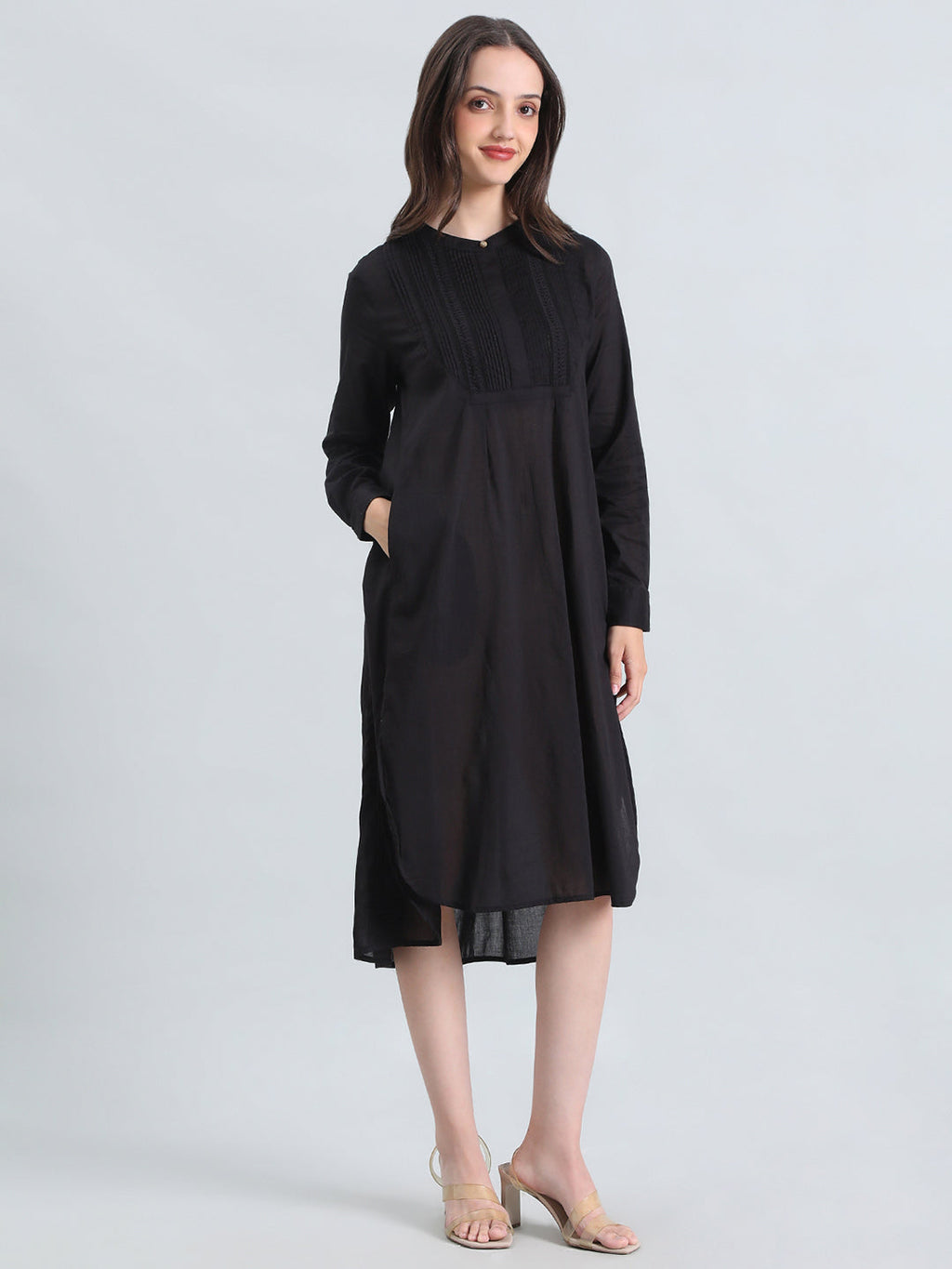 Cotton Pin-Tuck & Lace Trim Mandarin Collar Dress