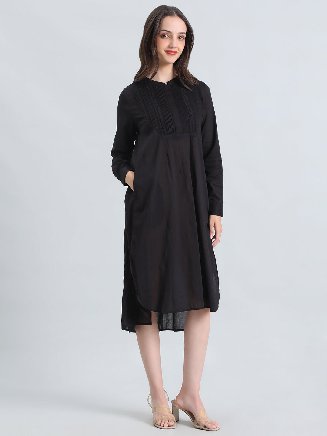 Cotton Pin-Tuck & Lace Trim Mandarin Collar Dress