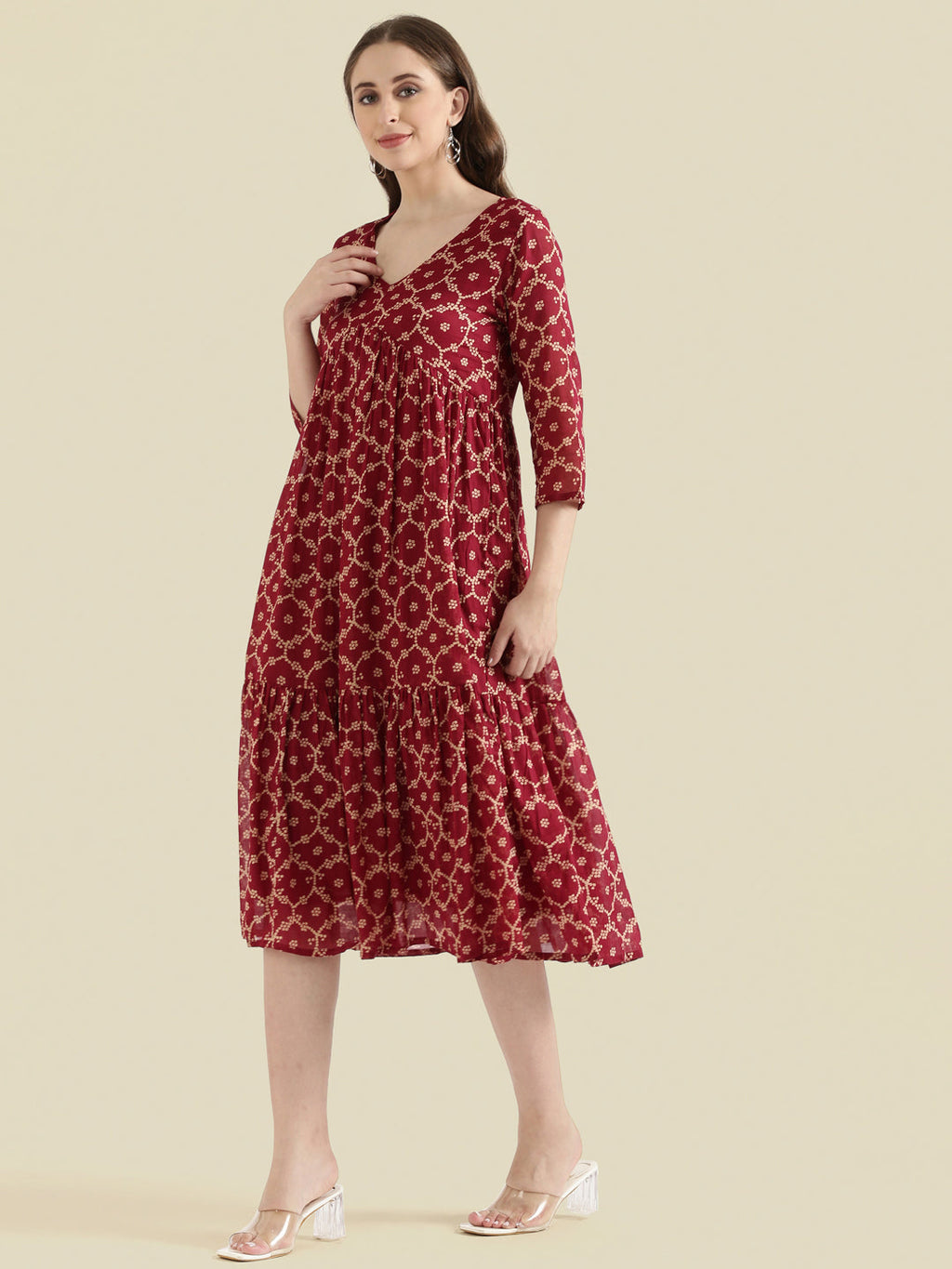 Cotton Voile Block Print V-Neck Gathered Tiered Midi Dress