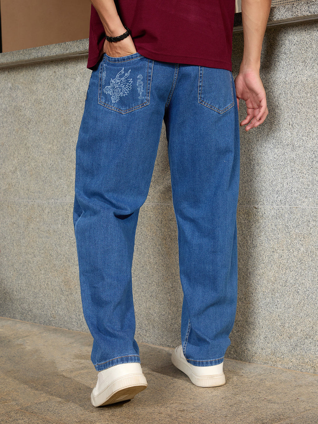 Laser Print Loose Fit Jeans | Blue