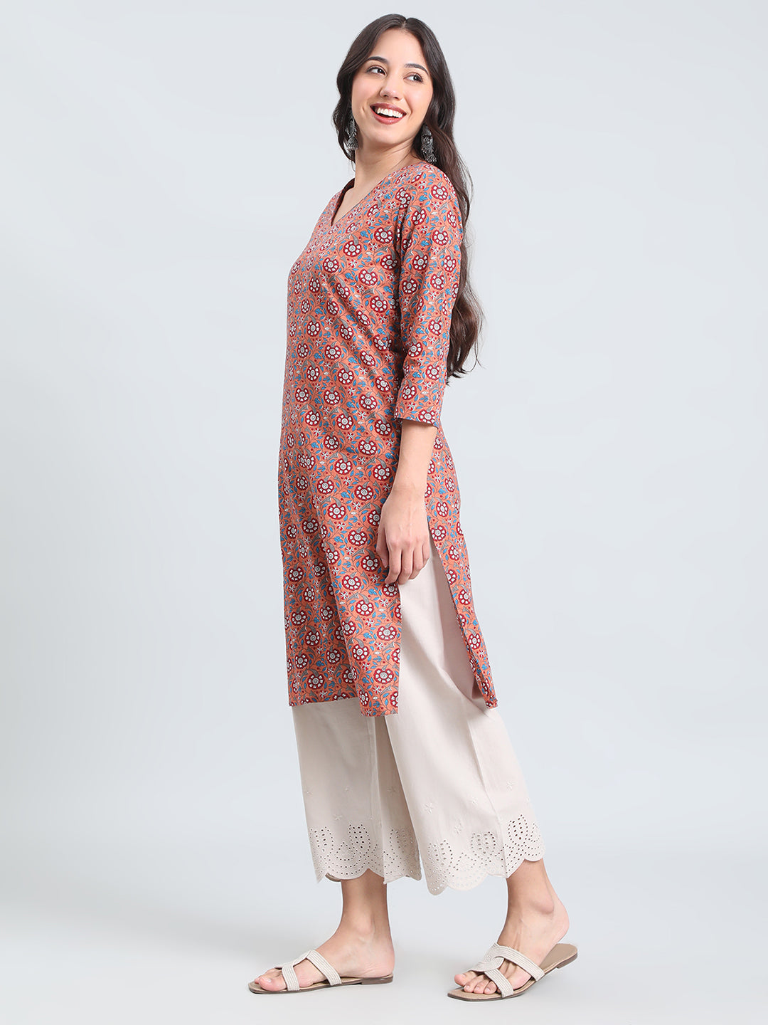 Cotton Ajrakh Floral Print Straight Kurta