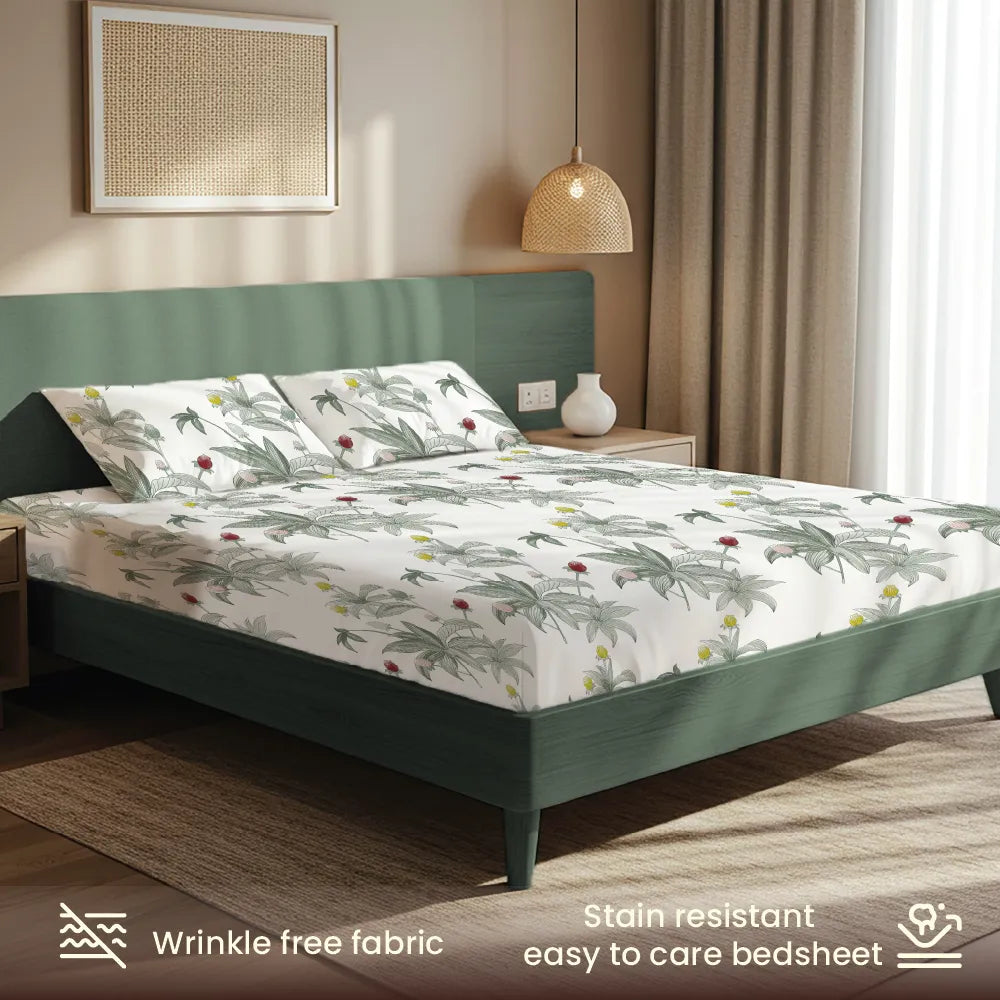 200 TC Glaced Cotton Microfiber Bedsheet with Pillow Covers - Leaf Dreams