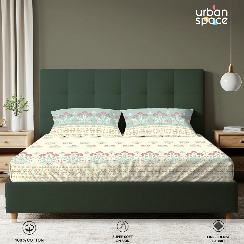 Serene 200 TC 100% Cotton Bedsheet with Pillow Covers - Malhaar Dusty Blue
