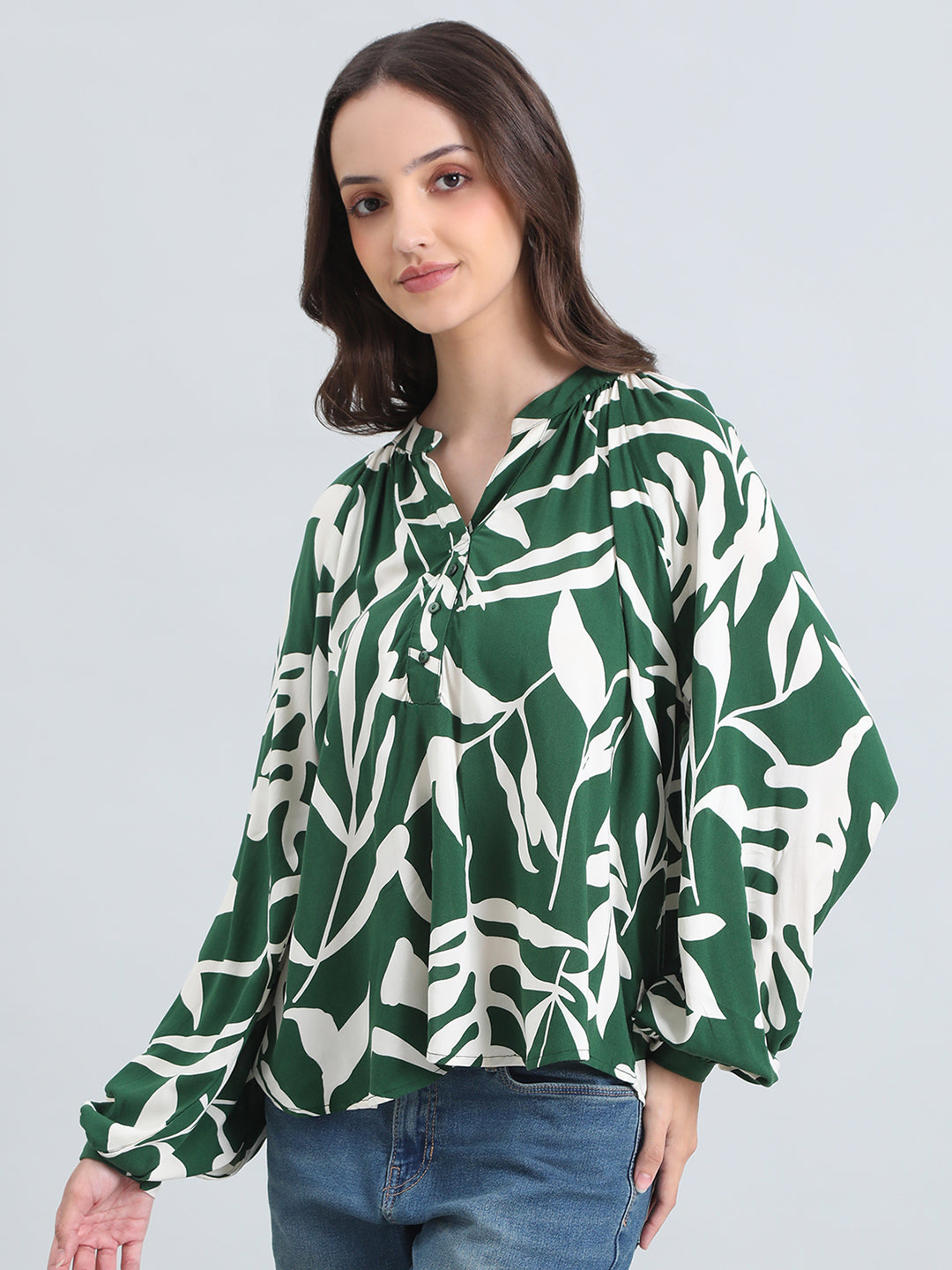 Viscose Loose Fit Mandarin Collar Printed Blouse
