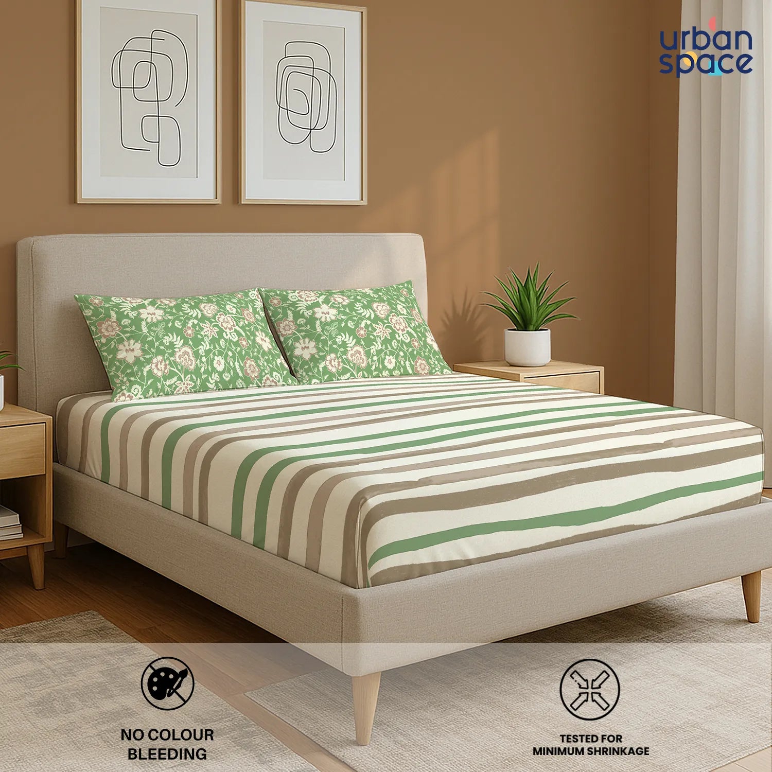 Divine Collection - Cotton Bedsheet With 2 Pillow Covers, Streak Sage Green