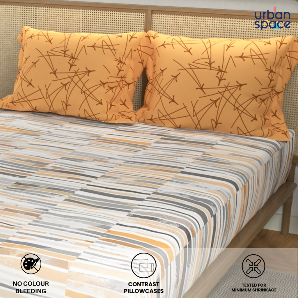 Divine Collection - Cotton Bedsheet With 2 Pillow Covers, Stripes Mustard