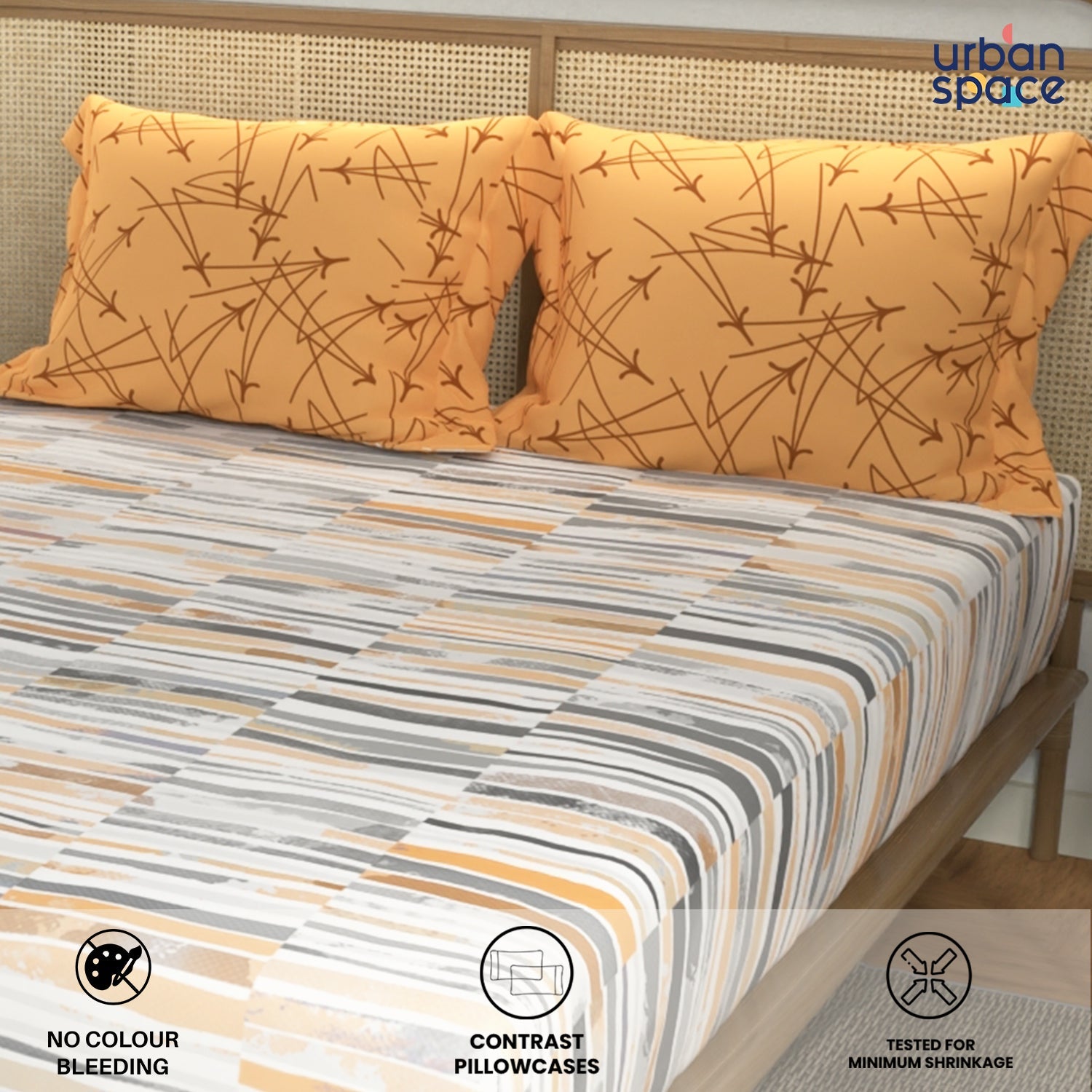Divine Collection - Cotton Bedsheet With 2 Pillow Covers, Stripes Mustard