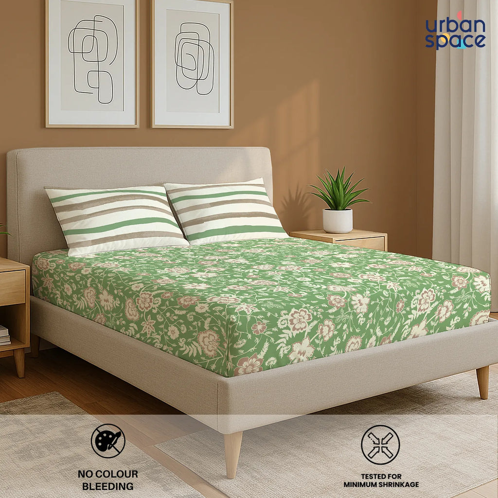 Divine Collection - Cotton Bedsheet With 2 Pillow Covers, Viola Sage Green