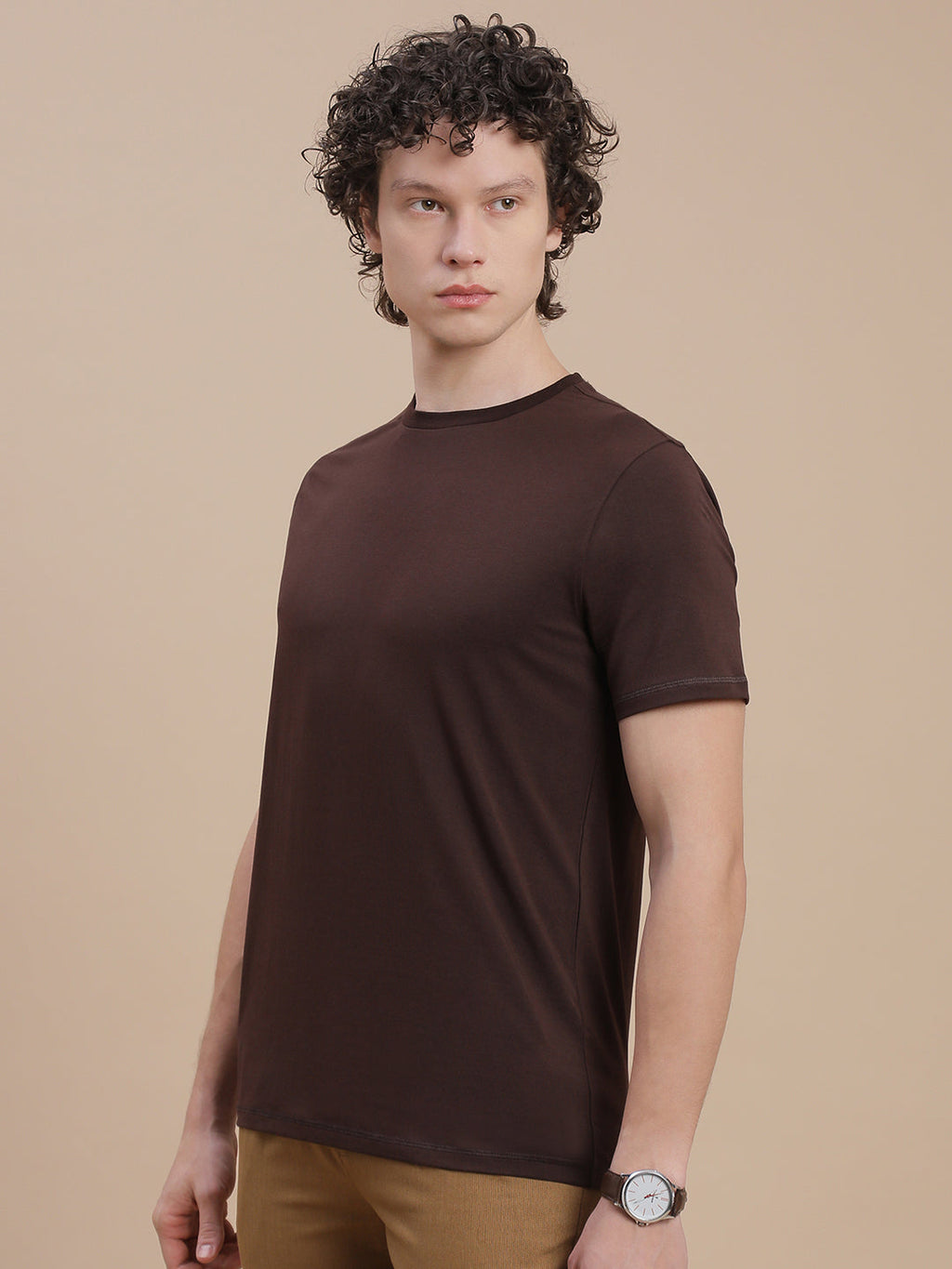 Men Brown Basic Crew Neck T-Shirt