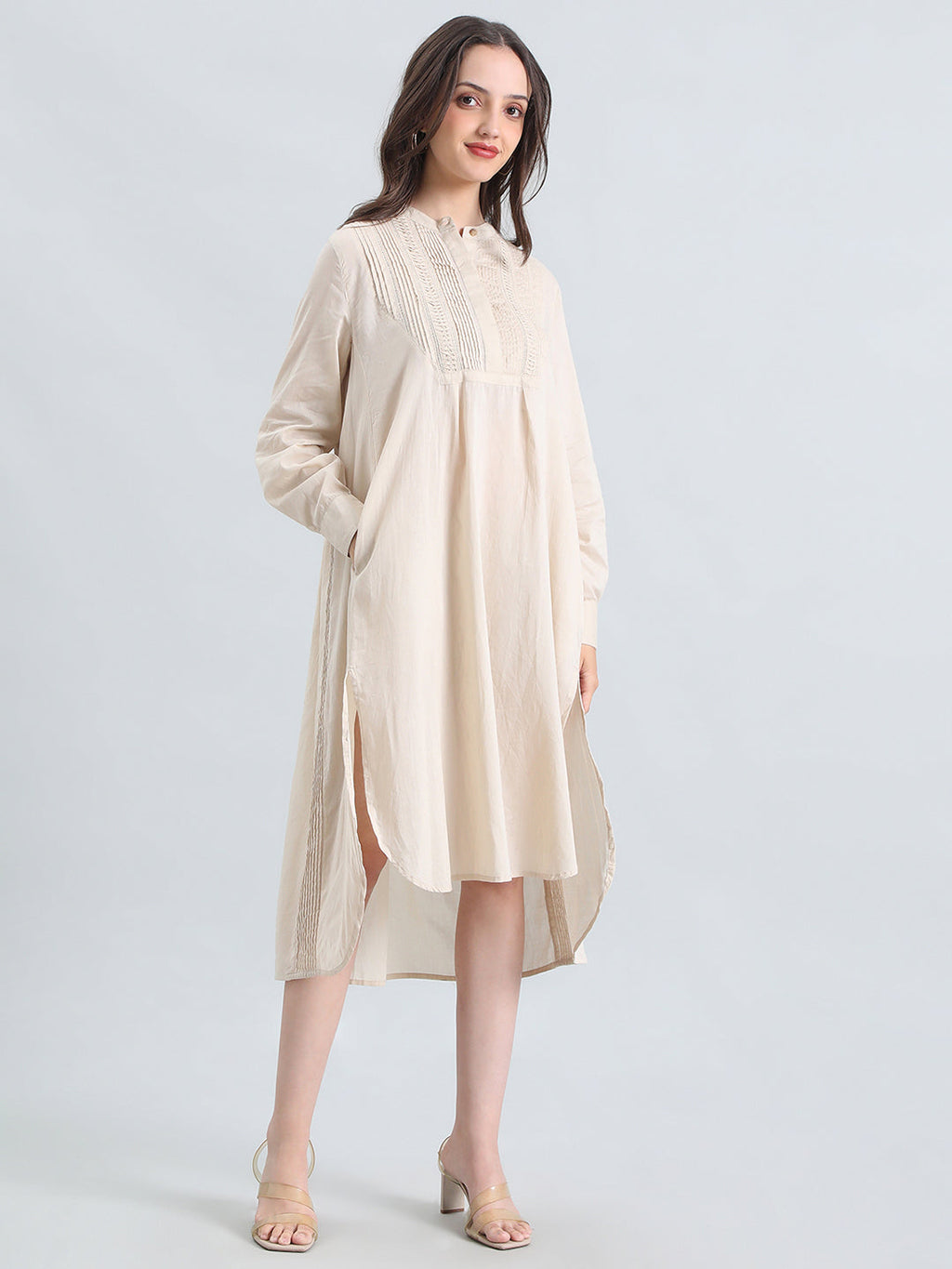 Cotton Pin-Tuck & Lace Trim Mandarin Collar Dress