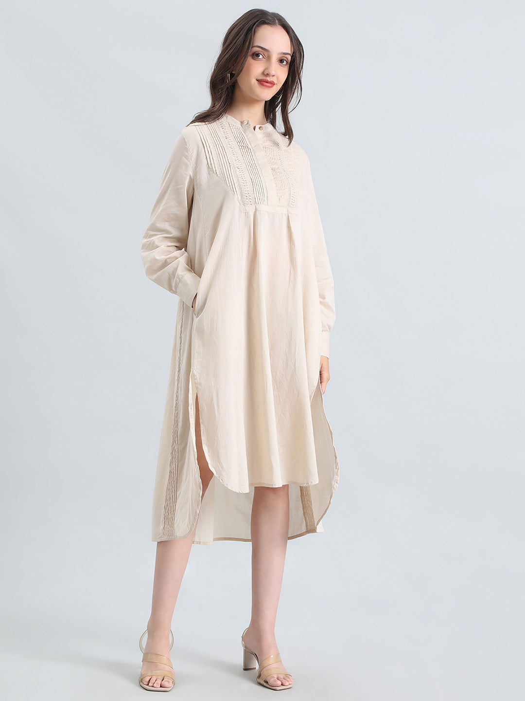 Cotton Pin-Tuck & Lace Trim Mandarin Collar Dress