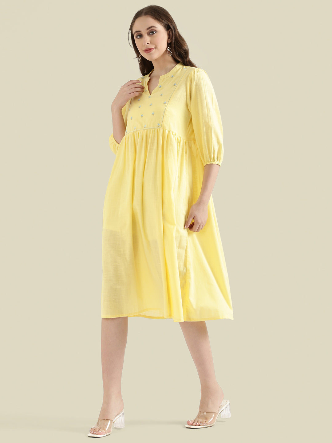 Cotton Slub Butti Embroidered Yoke Gathered Midi Dress