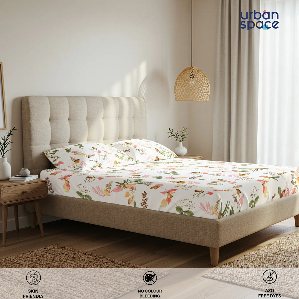 Regal Collection - Breathable 200 TC 100% Pure Cotton Bedsheet with Pillow Cover, Cherry Blossom- Peach