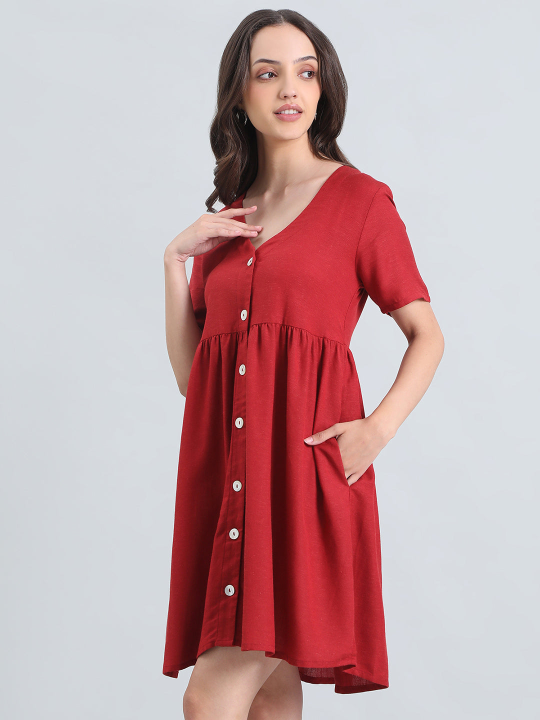Linen V-Neck Regular Fit Short Dress