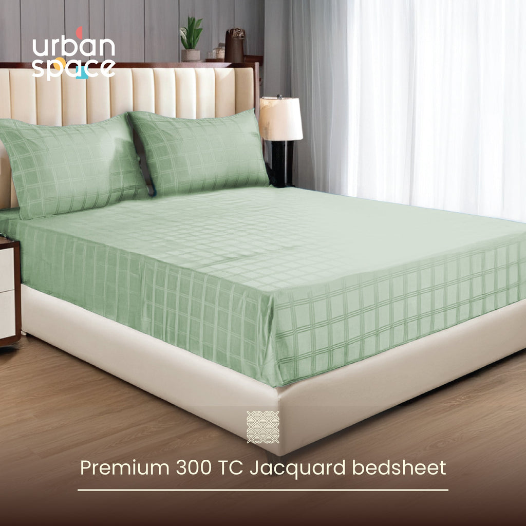 300 TC Super Soft King Bedsheet, Self Woven Checks Design - Sage Green Checks