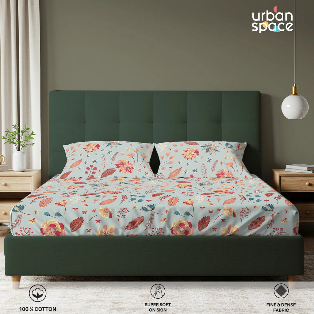Serene 200 TC 100% Cotton Bedsheet with Pillow Covers - Florence Sky Blue