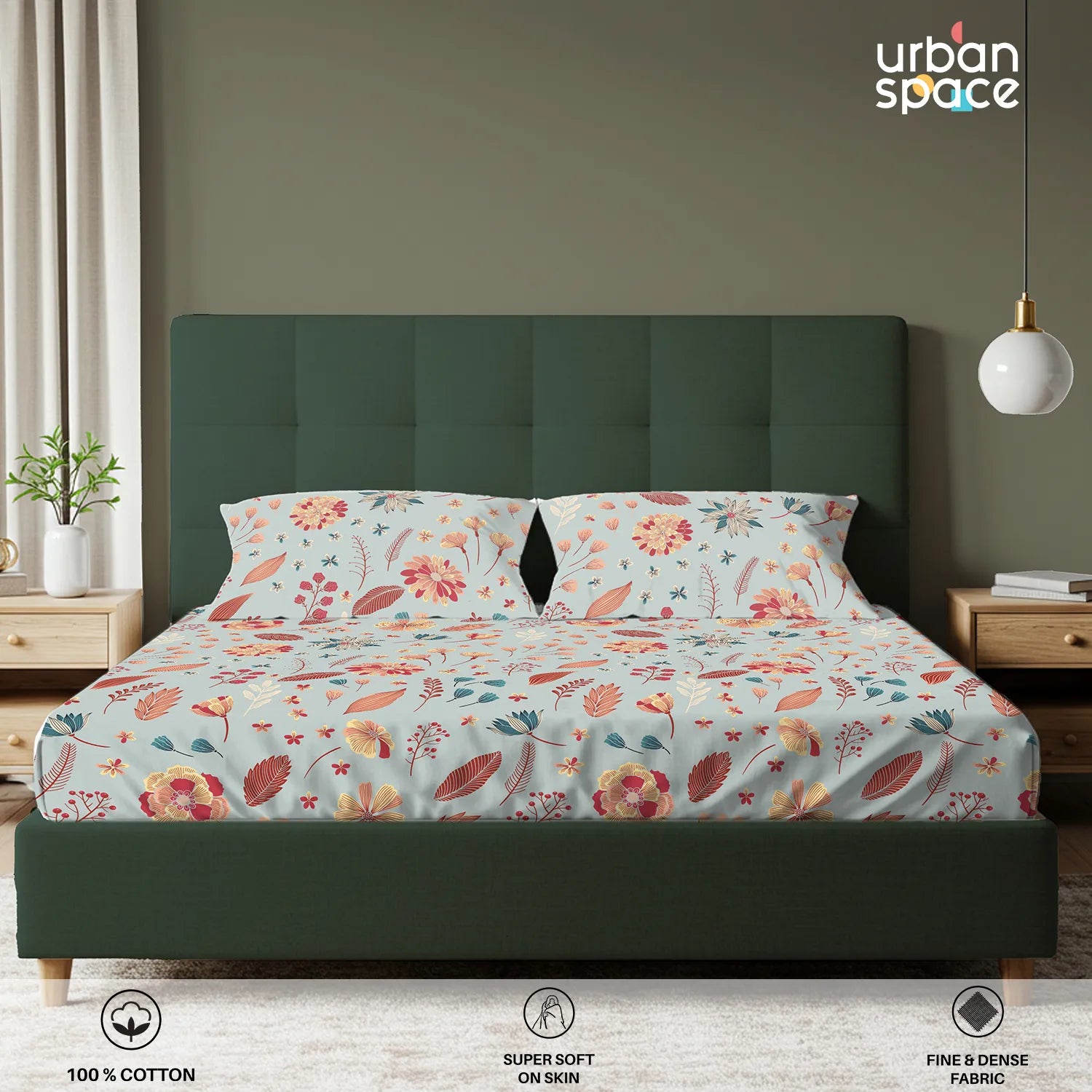 Serene 200 TC 100% Cotton Bedsheet with Pillow Covers - Florence Sky Blue