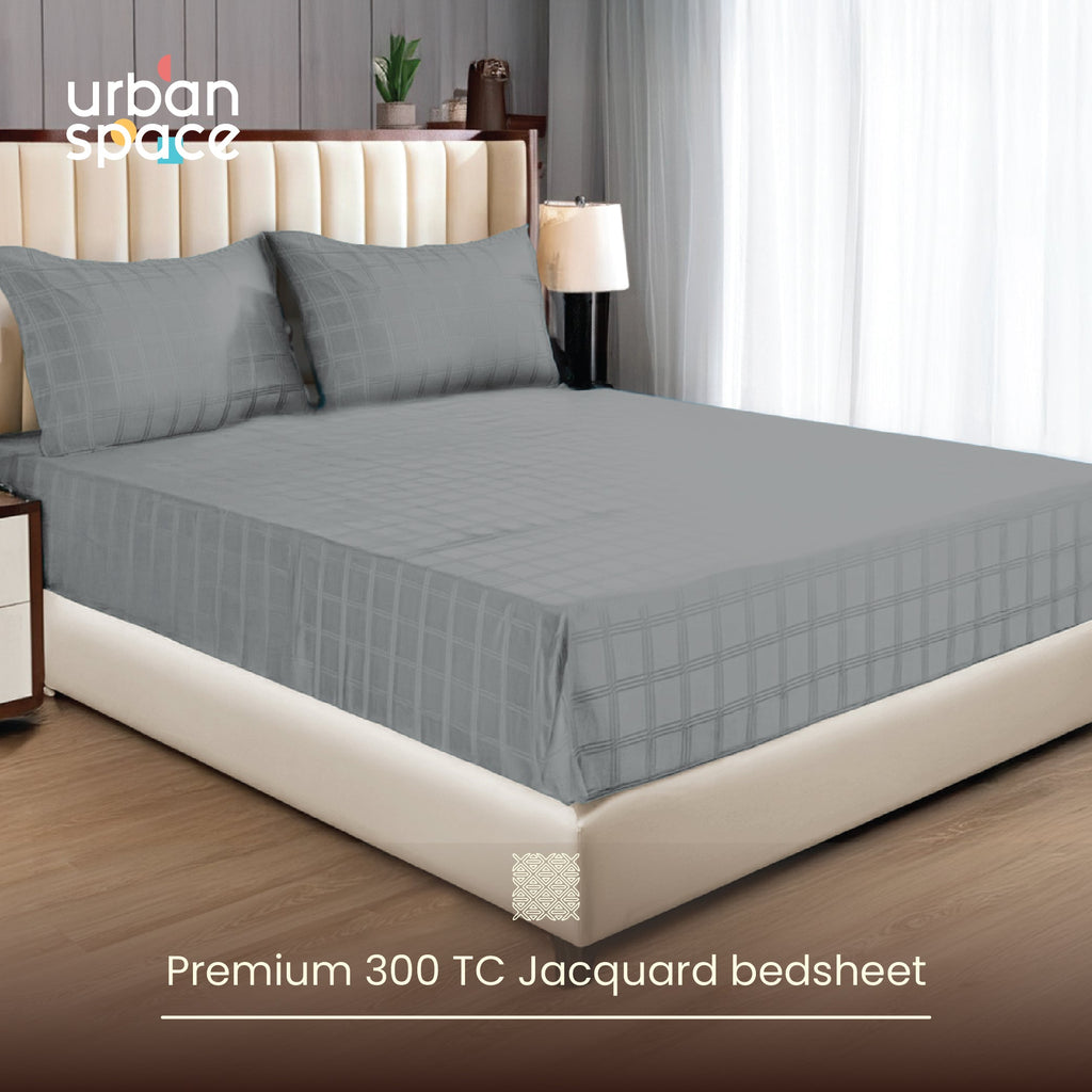 300 TC Super Soft King Bedsheet, Self Woven Checks Design - Grey Checks