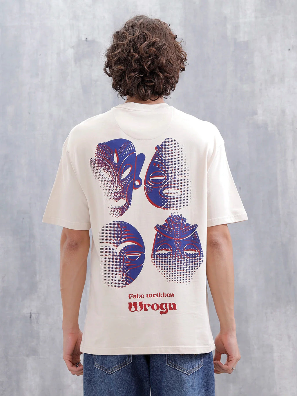 Mythical Faces Oversized Cotton Back Print T-Shirt | Beige