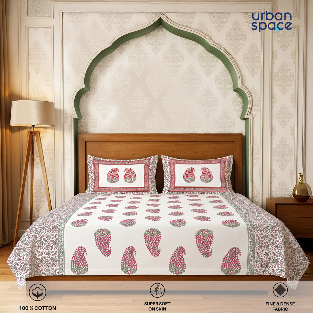 Serene 300 TC 100% Cotton Bedsheet with Pillow Covers, Panel Design - Kairavi Pink