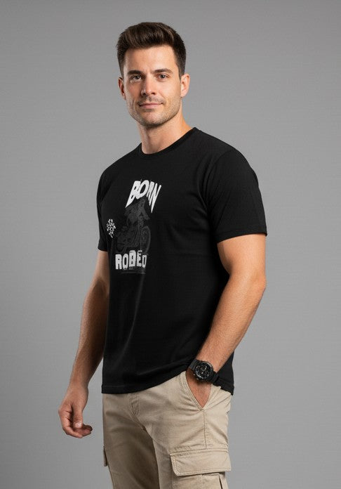 Men Printed Black Cotton Tshirt