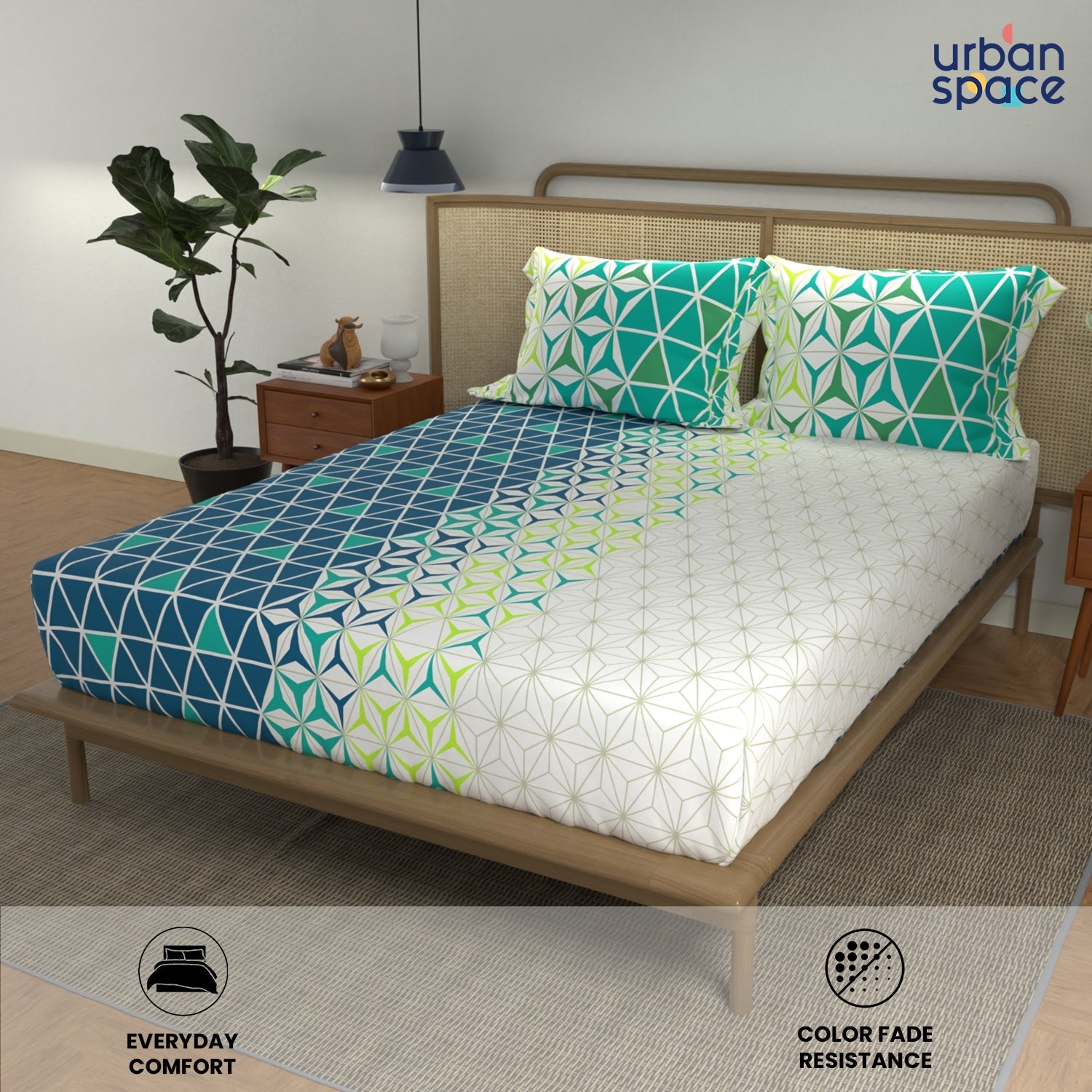 Divine Collection - Cotton Bedsheet With 2 Pillow Covers, Geomatric Blue