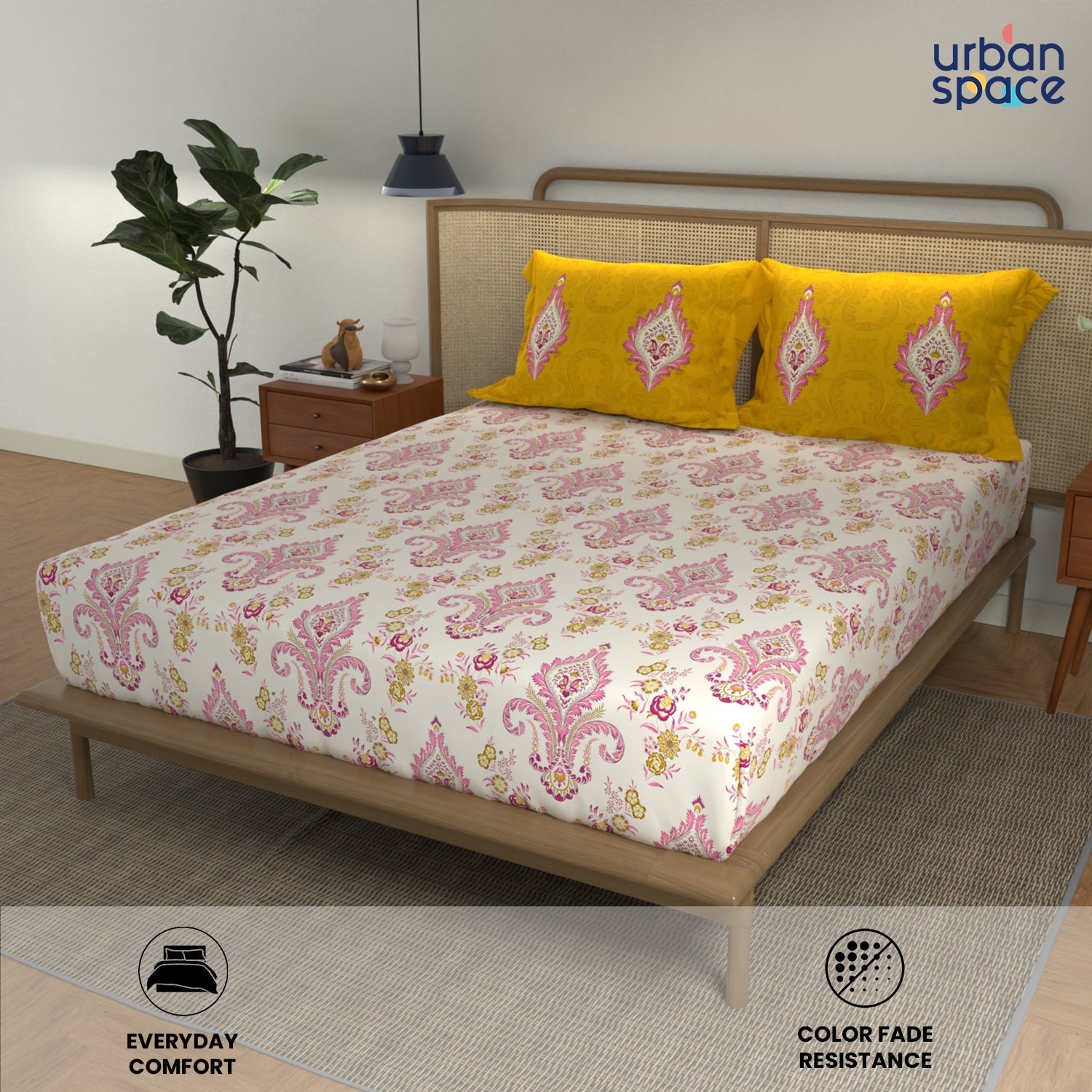 Divine Collection - Cotton Bedsheet With 2 Pillow Covers, Motif Mustard