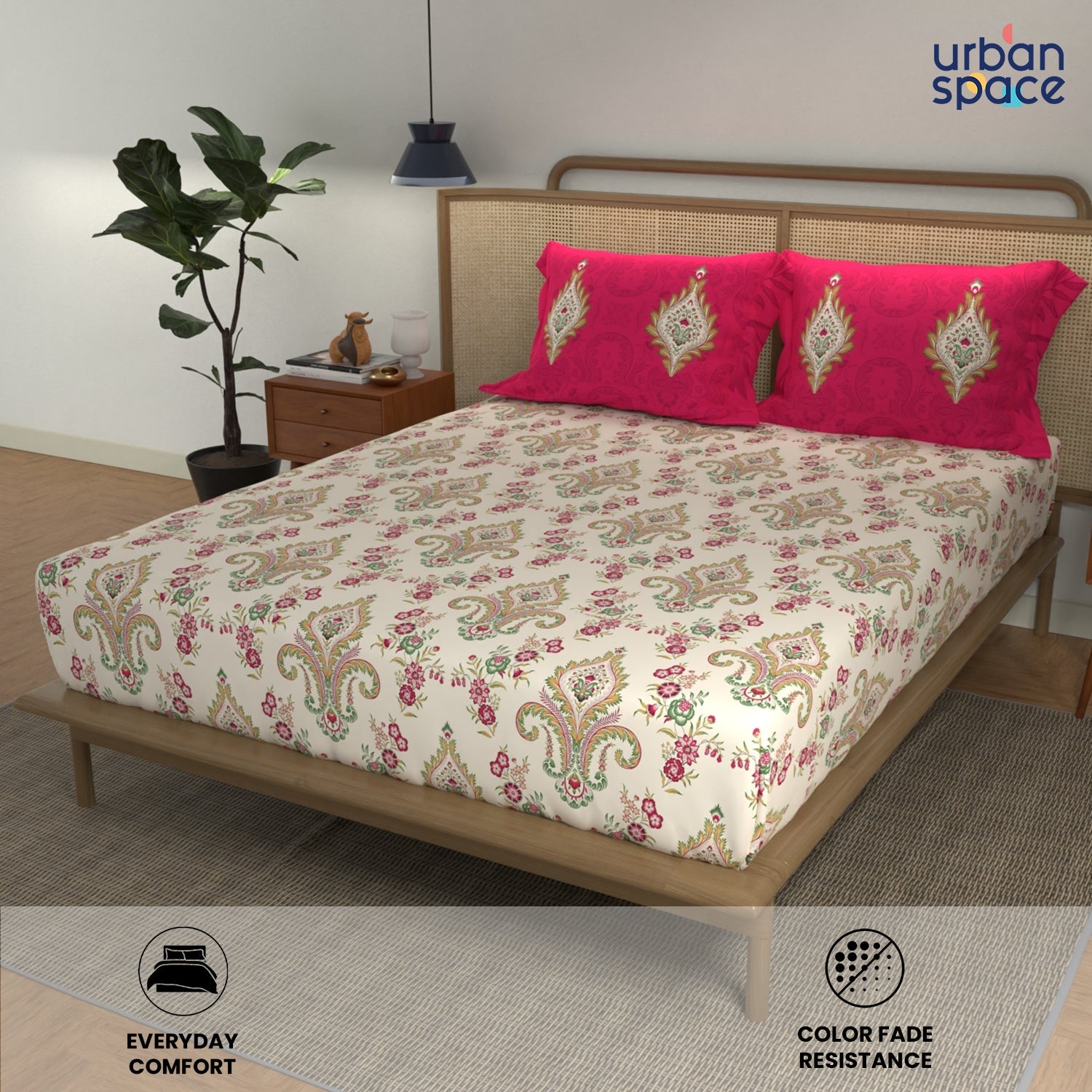 Divine Collection - Cotton Bedsheet With 2 Pillow Covers, Motif Red
